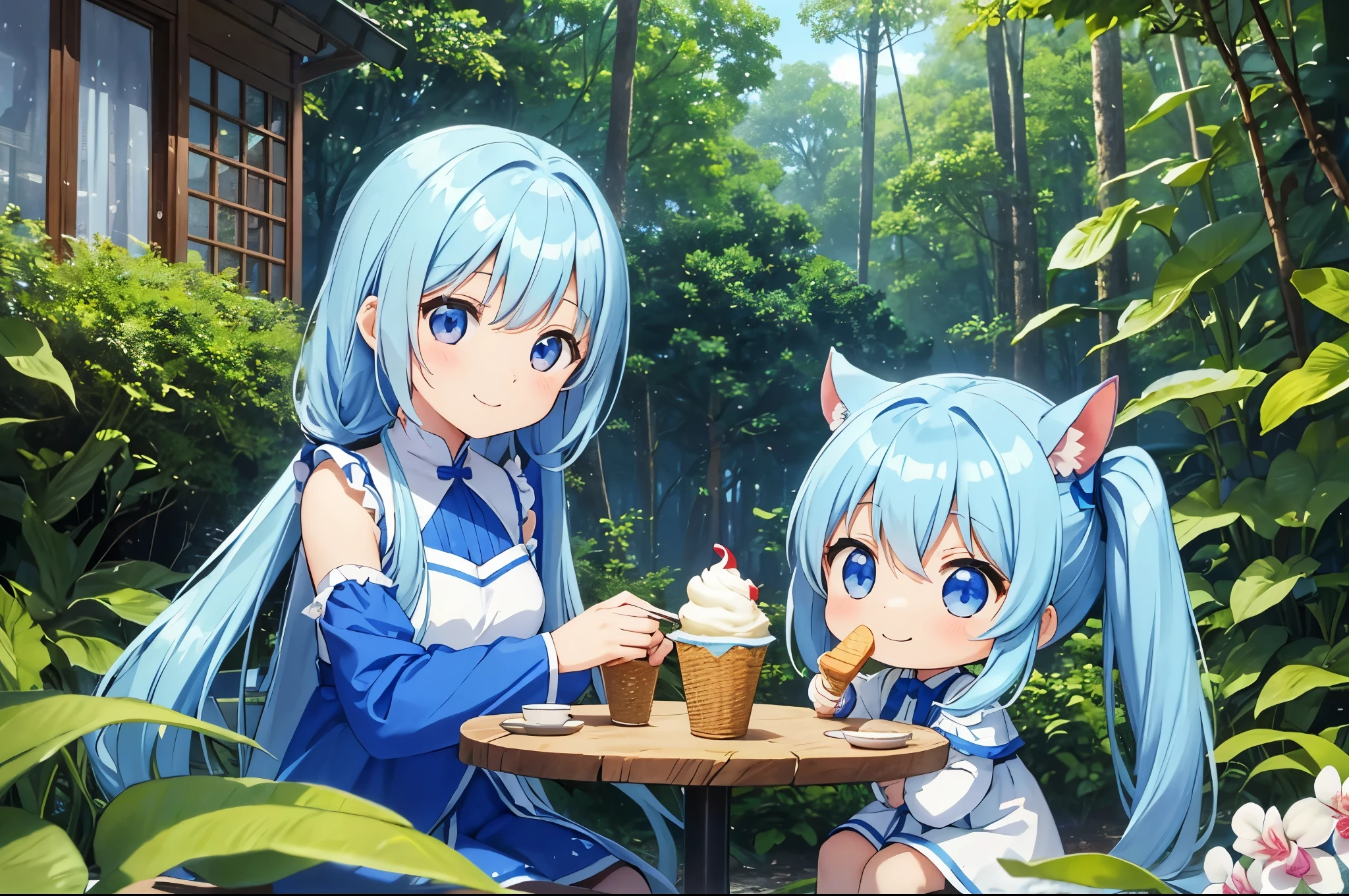 light blue long hair、18 year old girl with twin tails、blue sky、in the forest、Eat a big ice cream at a cafe full of orchids in a beautiful orchid garden.、There are also chibi characters.、the squirrel is watching the girls、Friends of the forest are watching over the girls.、happy smile、cute red and white costume
