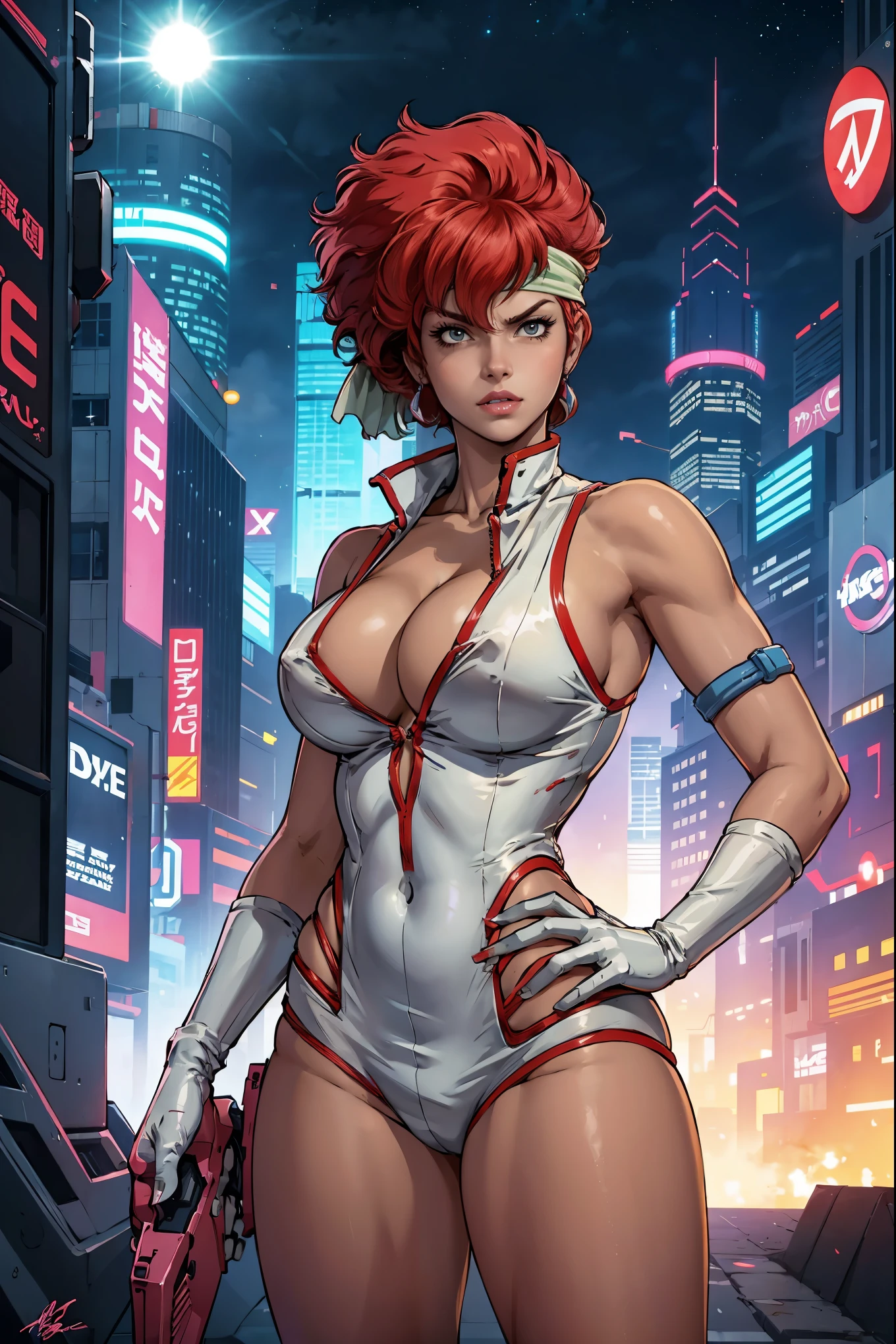 best quality,ultra-detailed,portrait of YKei from The Dirty Pair,realistic,animesque, vibrant colors,bold and dynamic pose,powerful expression,beautiful detailed eyes,intense,sharp focus,medium:anime style,short red hair,wearing her signature white jumpsuit and pink gloves,holding a laser gun in her hand,standing in front of a futuristic cityscape as the sun sets,featuring neon lights and towering skyscrapers,creating a cyberpunk atmosphere,with a touch of mystery and adventure, green headband, cleavage