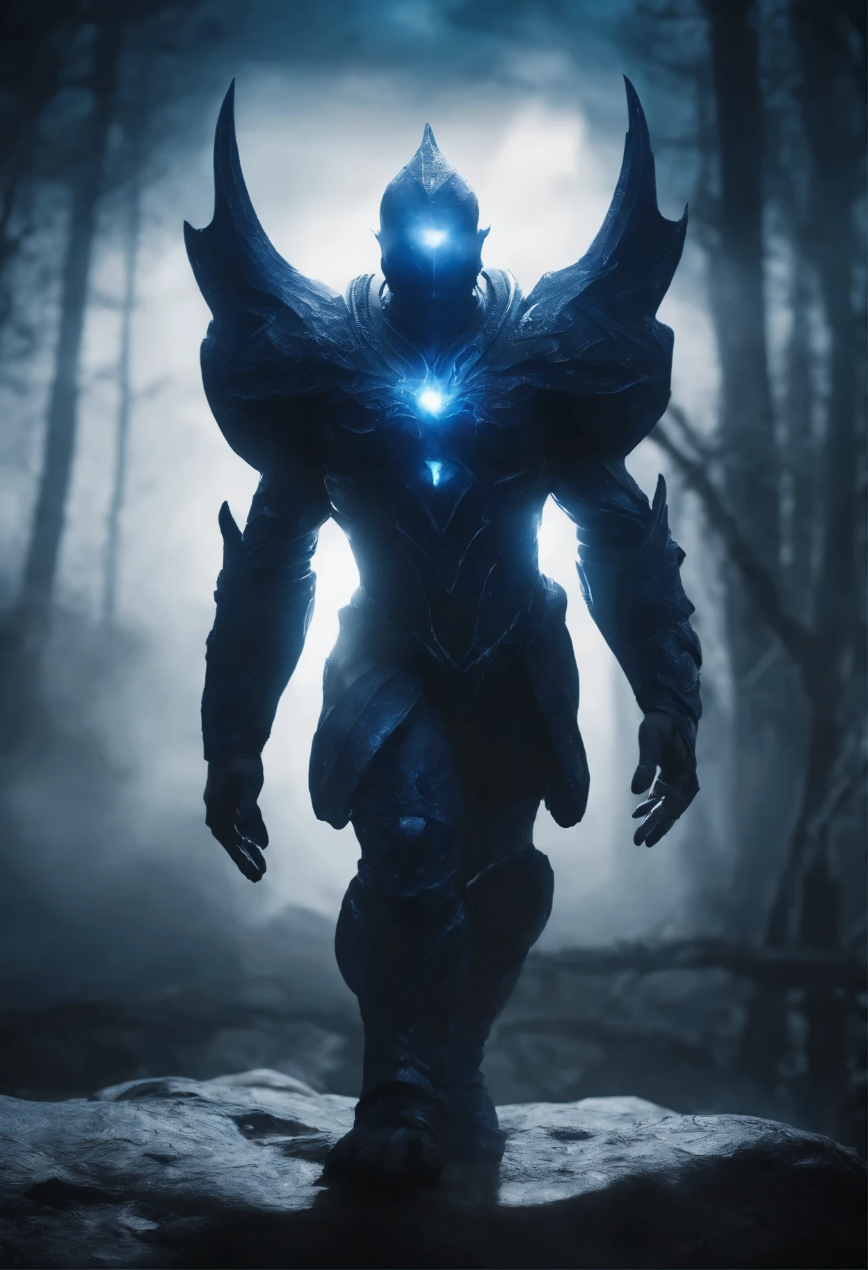 3-meter humanoid alien, slender body, elongated arms and legs, hands and feet with large and long sharp claws, black and white body, head with pointed deer horns, no eyes, huge open jaw full of sharp teeth, biomechanical appearance, blue electricity emanating from his body