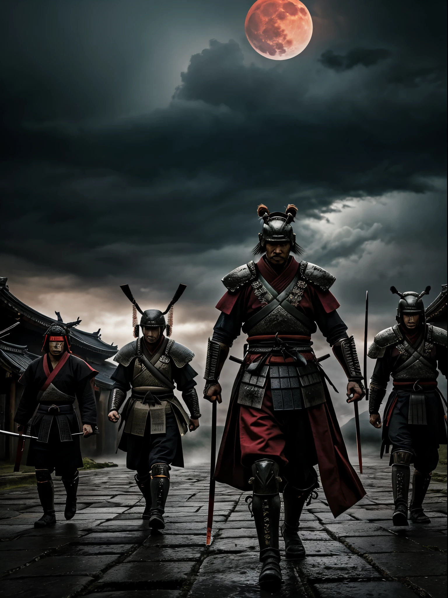 a new age samurai, a sword in one hand a pistol in the other, a blood red moon above, darkenss falling