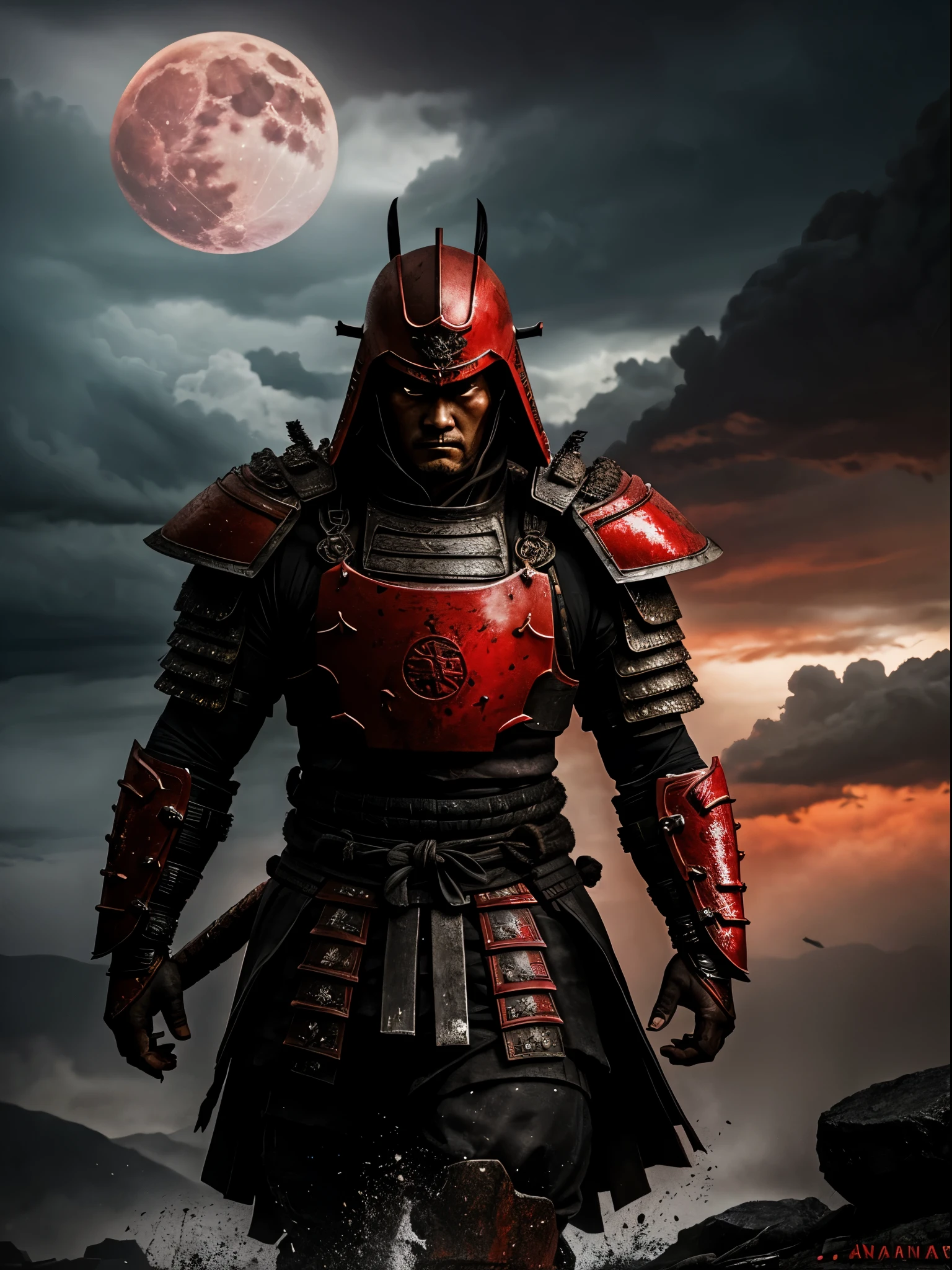 a new age samurai, a sword in one hand a pistol in the other, a blood red moon above, darkenss falling