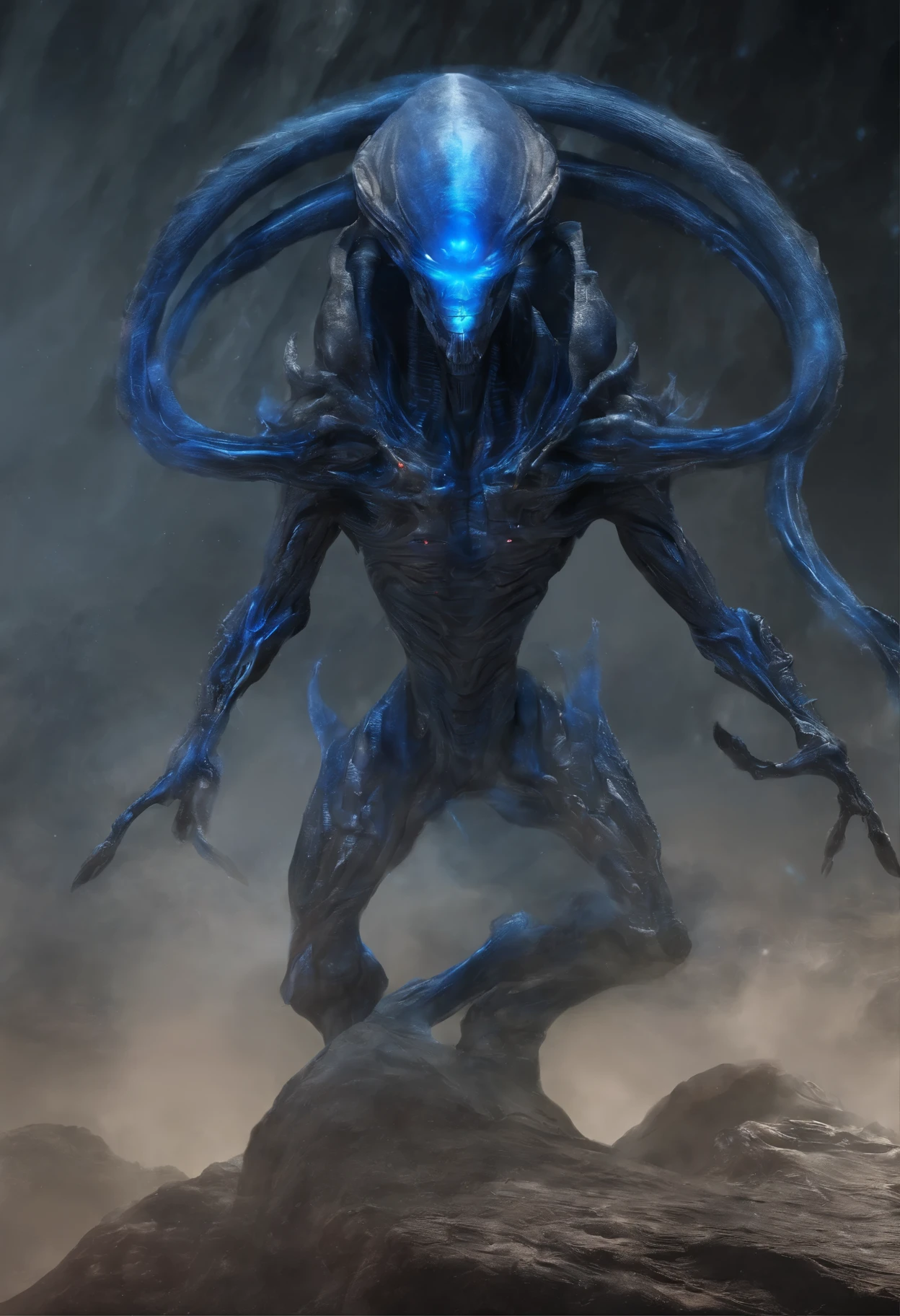 "Create something super detailed, best quality, A high-resolution masterpiece depicting an Umbral Elemental with a non-humanoid form exuding blue energy." perfect shadow, high quality shading, It&#39;s photorealistic,