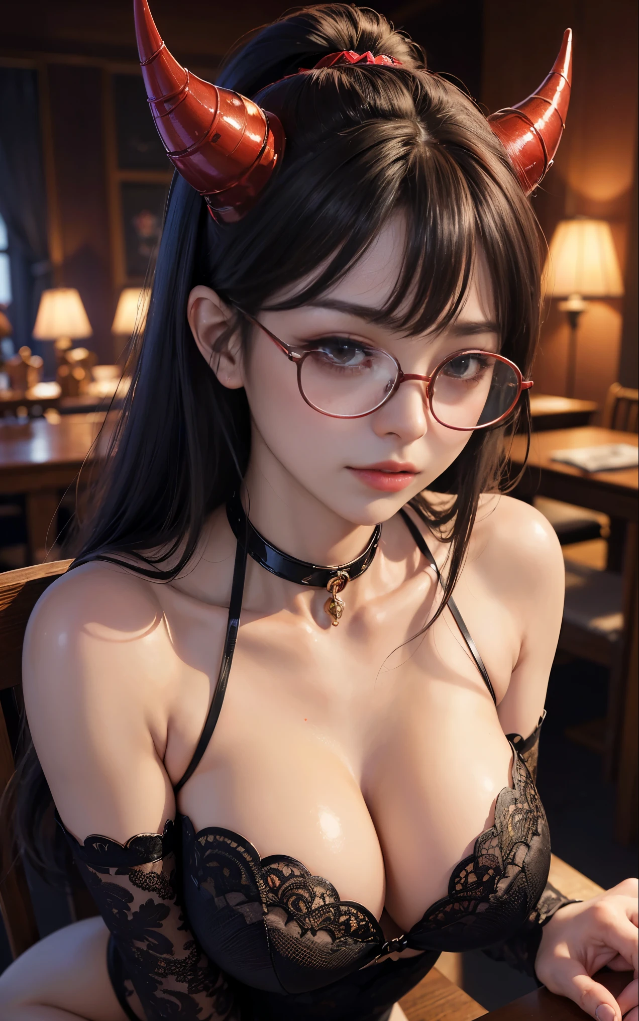 OKですかですか、(best illustrations)、8k UHD resolution、intricate details、highest quality、realistic、Super detailed、best lighting、best shadow、soft lighting、ultra hd、超realistic、Tyndall effect、Photoreal、(high detail skin:1.2)、 (intricate details, compensate, face to face with the children_v1:0.5), (OK, beautiful and delicate face, OKですか, beautiful and delicate eyes, perfectly proportioned face, high resolution skins, fine skin, Optimal ratio of 4 fingers and 1 thumb, arm under chest, red tattoo on lower abdomen、Wow wow, wide hips, smooth abdomen, thin and thin skin, __fashion__, __hair__:1.25)、Digital single-lens reflex camera、 absurd、(table top: 1.3), (maximum resolution: 1.2), (ultra hdTV: 1.2), cinematic light, fine eyes and skin, detailed facial features, , (sharp focus: 1.2), (focus on the face:1.2),perfect style, beautiful face, acura, anatomically correct, Highly detailed face and skin texture, fine eyes, double eyelid, thin eyebrows, glitter eyeliner: 1 natural cheeks, Glossy skin, Fair skin: 1.2, (glossy lips: 1.4),(embarrassed look: 1.2),Highly detailed face and skin texture, fine eyes, double eyelid, natural cheeks, glossy lips: 1.4,exposed cleavage、Bewitching。charm、 Beautiful devil woman from hell, デヴィッド・ホックニーとアルフォンス・ミュシャによる超realistic女性の肖像画, charm女性の肖像画、fantasy art, Chinese humanoid robot、chinese actress、dungeon、dragon、devil'palace of、devil'torture chamber、night、dark style 、in the dark、(detailed spooky background:0.8), magic、 1 girl、evil nun、dark necromancer、Succubus、devil'Daughter of、Shinonome Umi、bat wings,(((devil'Horn)))、 ((((giant glasses, otaku glasses, thick glasses, round glasses)))),(((big breasts)))、(devil'Tail)、(red eyesは光り輝いて:1.6)、red eyesは非常に鮮明で詳細です, your eyes are so beautifully made, ((red eyes:1.0)),intricate tattoo, demonic intricate tattoo, thigh tattoo, body tattoo, masterpiece、最もbeautiful face、baby face、cute smile、beautiful plump red lips、筋肉のcharm体、devilのcharm体、devil style、charmブラックマジックコスチューム、The long-haired、Braid、Black hair、Ponytail distortion、, Ponytail with a bow tied at the back of the hair, beautiful expression、body up、big breasts強調、bust, super tight chest, Breast augmentation surgery, Breasts are very big and round,tight waist、wide ass、 secret key, cowboy lens, (black phoenix dress: 1.0), devil crown, bright red jewel necklace、Jewelry G Wise, Please wear black mesh socks,wearing light red、nffsw, nffsw, Meeting beautiful girls, look at the girl'Main body,