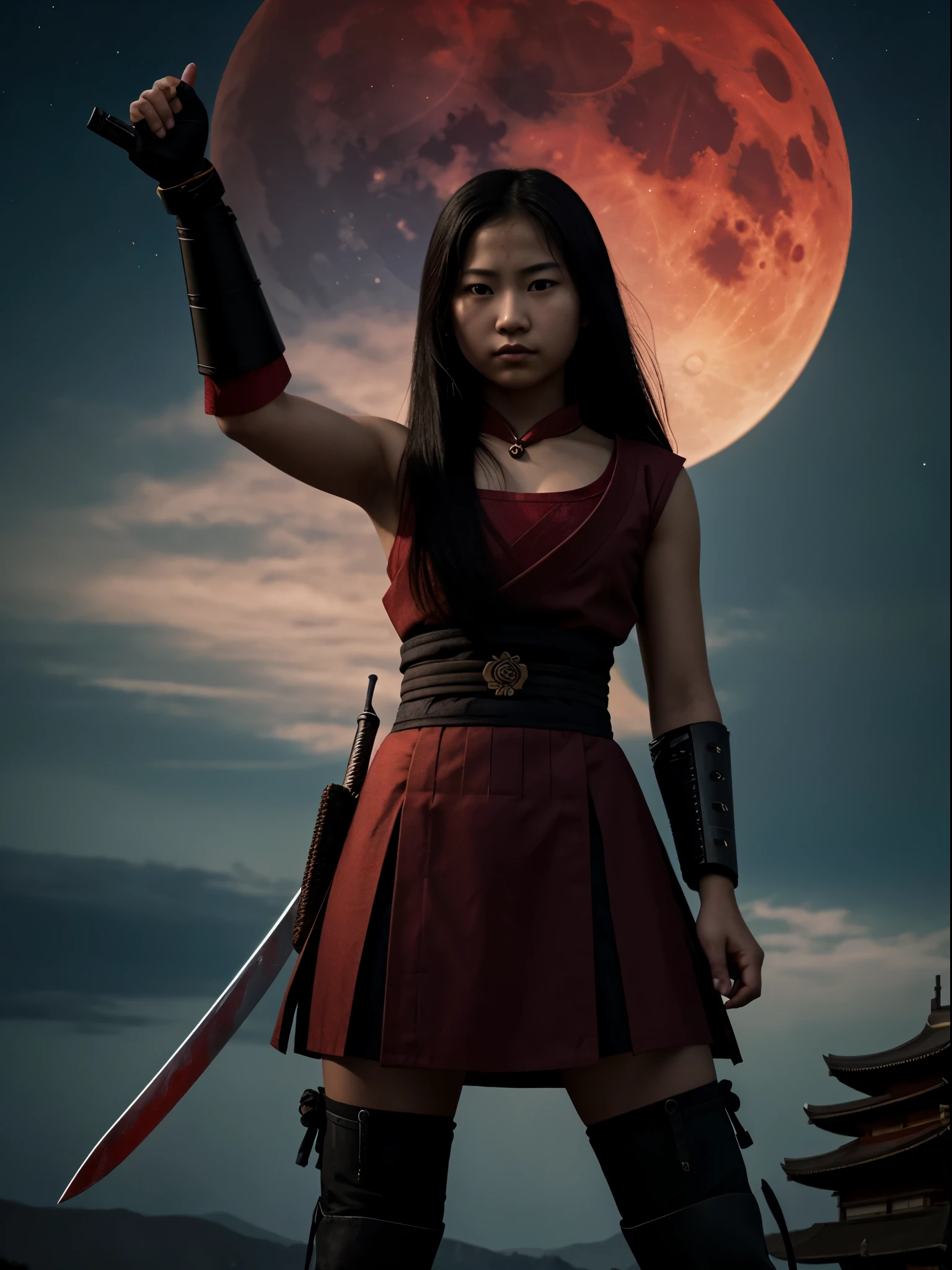 a new age samurai, a sword in one hand a pistol in the other, a blood red moon above, darkenss falling