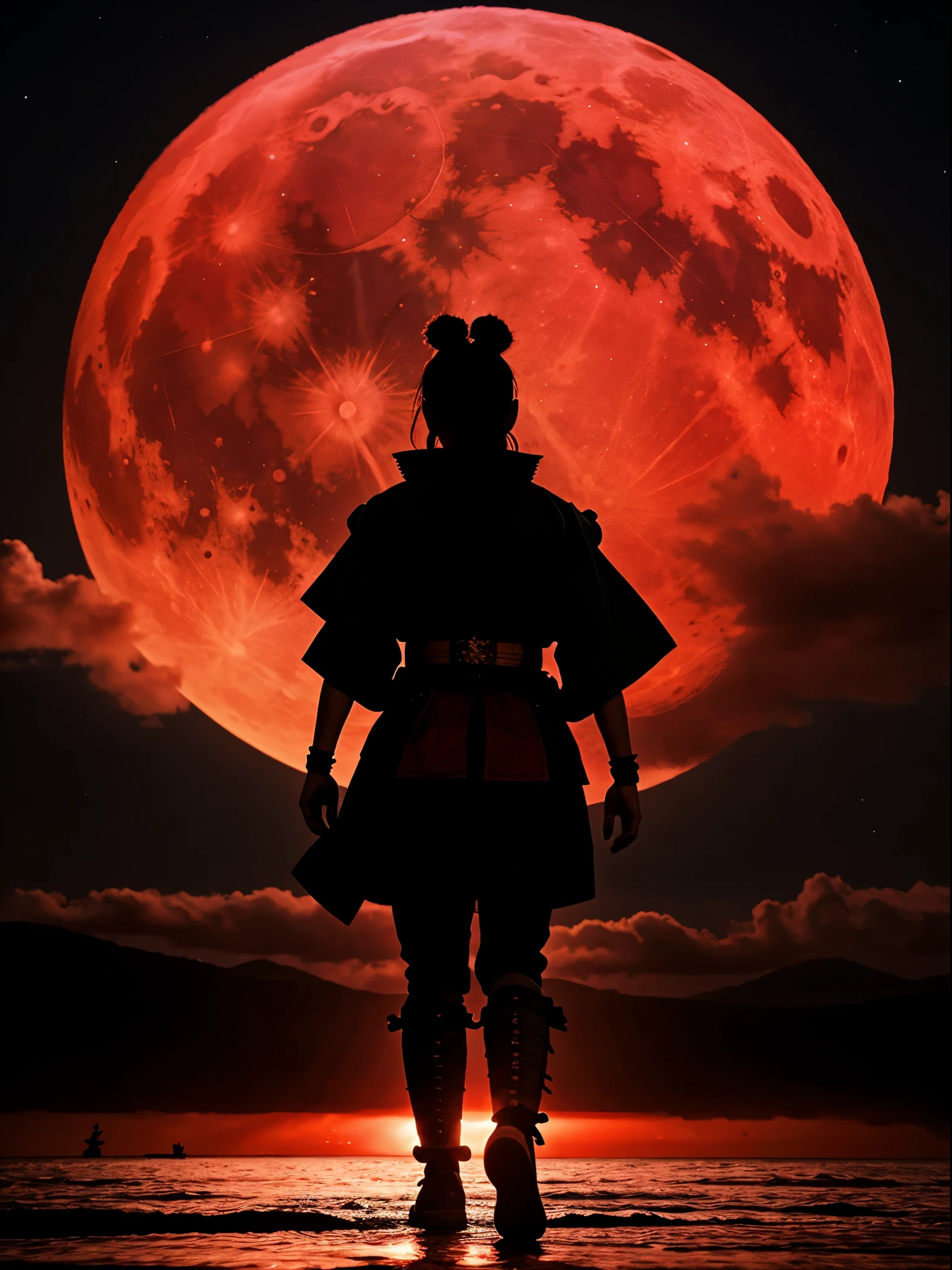 a new age samurai, a sword in one hand a pistol in the other, a blood red moon above, darkenss falling