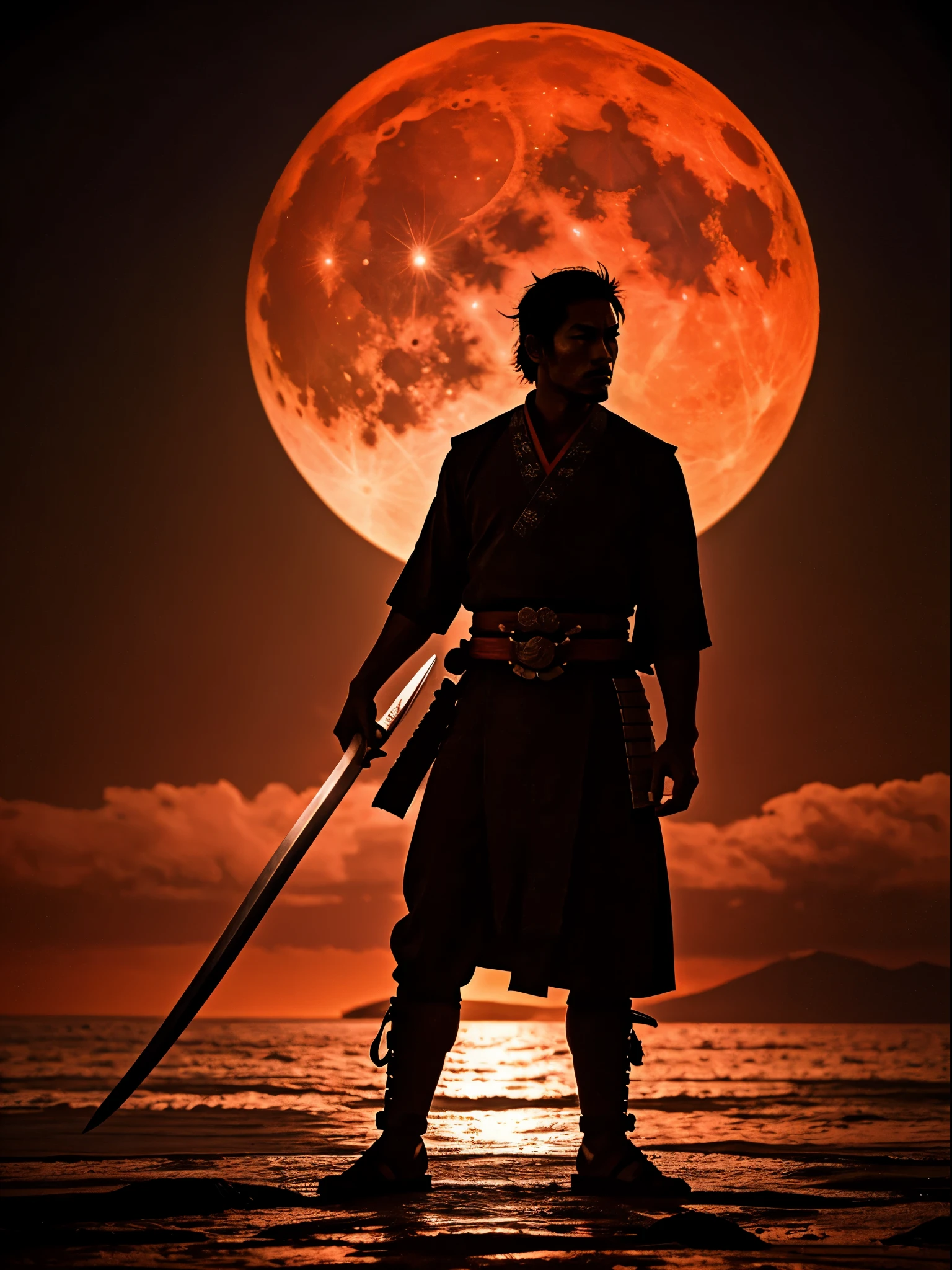 a new age samurai, a sword in one hand a pistol in the other, a blood red moon above, darkenss falling