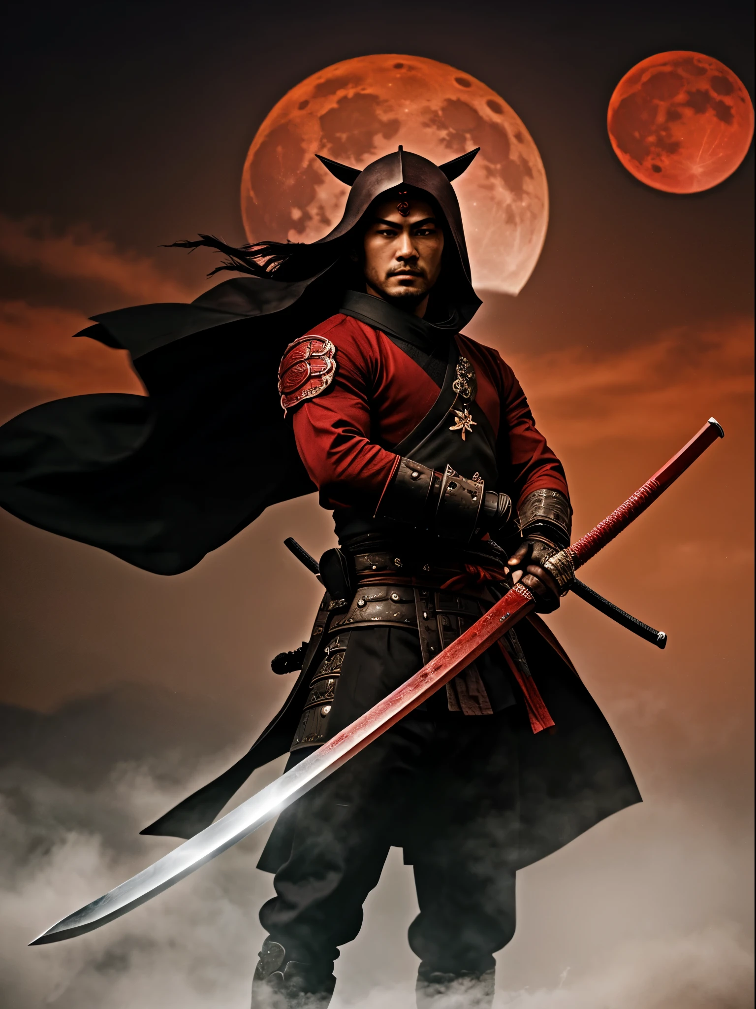 a new age samurai, a sword in one hand a pistol in the other, a blood red moon above, darkenss falling