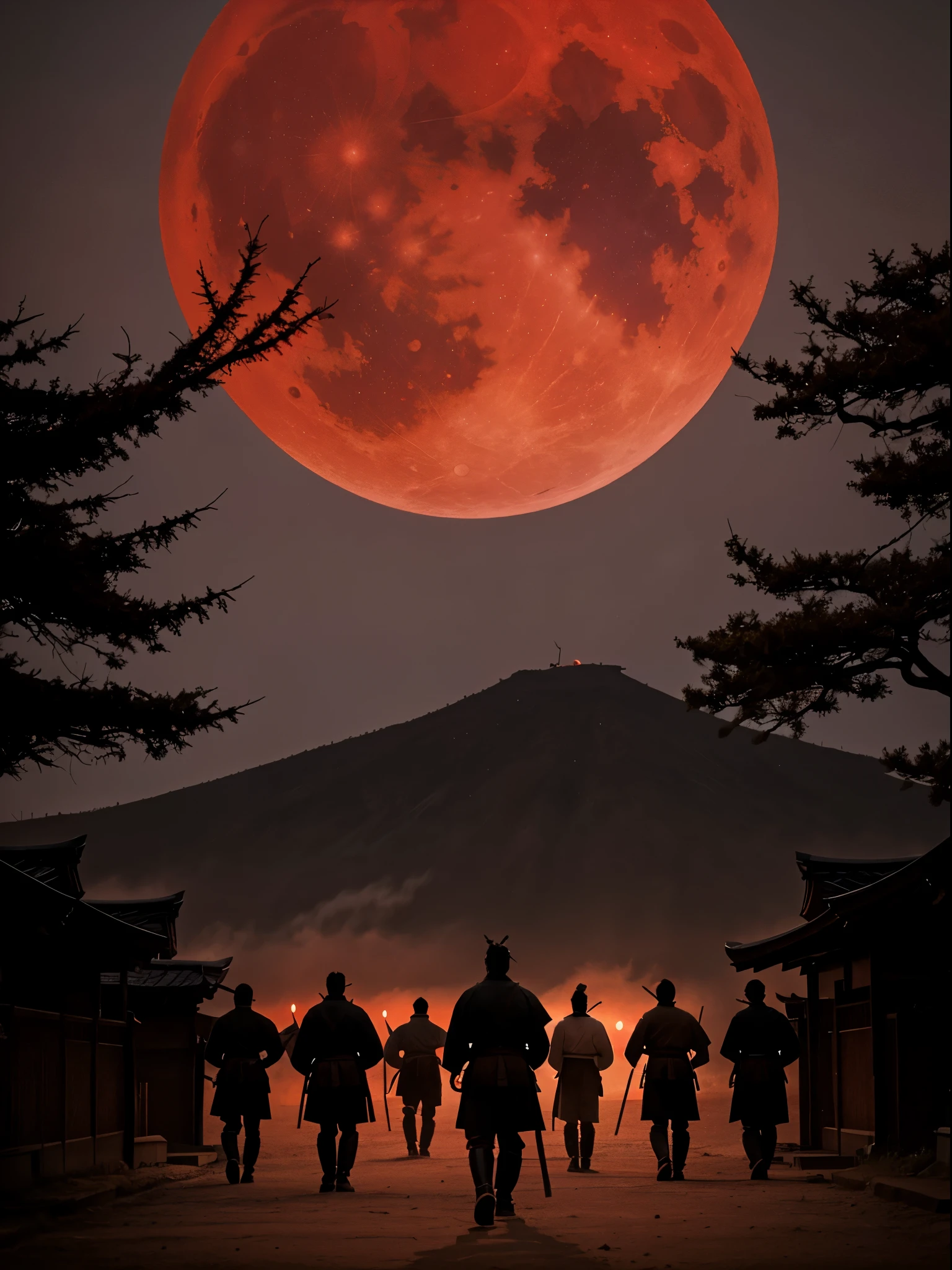 a new age samurai, a sword in one hand a pistol in the other, a blood red moon above, darkenss falling
