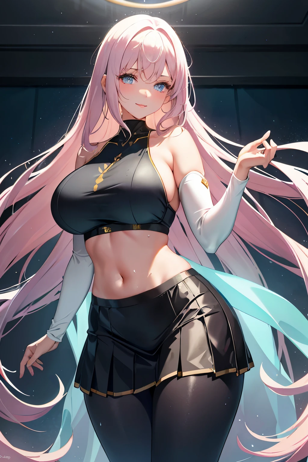 In the dimly lit room, a woman's figure emerged, her wet surfaces reflecting the ethereal glow of the surrounding energy. She was dressed in a sportive top, the fabric clinging to her pronounced and charming shape. A pair of leggings and a pleated skirt layered on top of each other, adding to her allure.
Her body was draped in flying fabric, the material billowing around her, revealing her huge breasts and round ass. The look of lightness and transparency accentuated her refined complexion, with clear eyes that sparkled like jewels and luscious lips parted in a smile.
Her magnificent pastel hair hung down in long straight strands