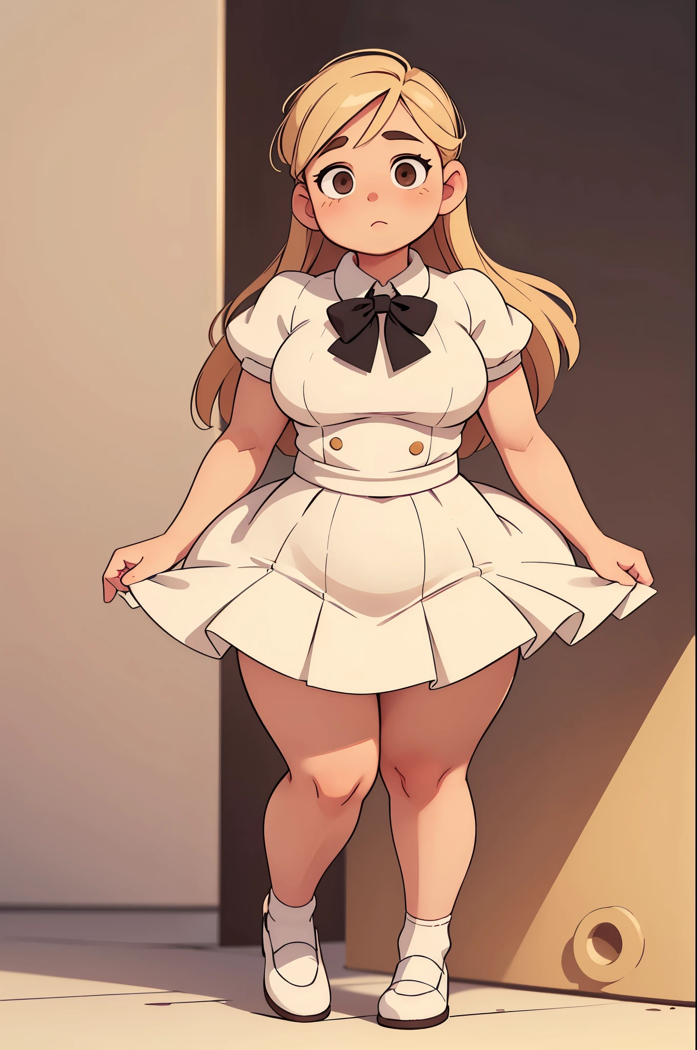 Drawing of a pudgy teen of late adscence with rosy cheeks; brown eyes; creamy blonde hair. She is in a white dress with a prominent bow on her waist; she is wearing black dress shoes. She has muscular, toned, realistic feet and legs. Her legs are thick, fat and chubby. Her fat legs have varicose veins.