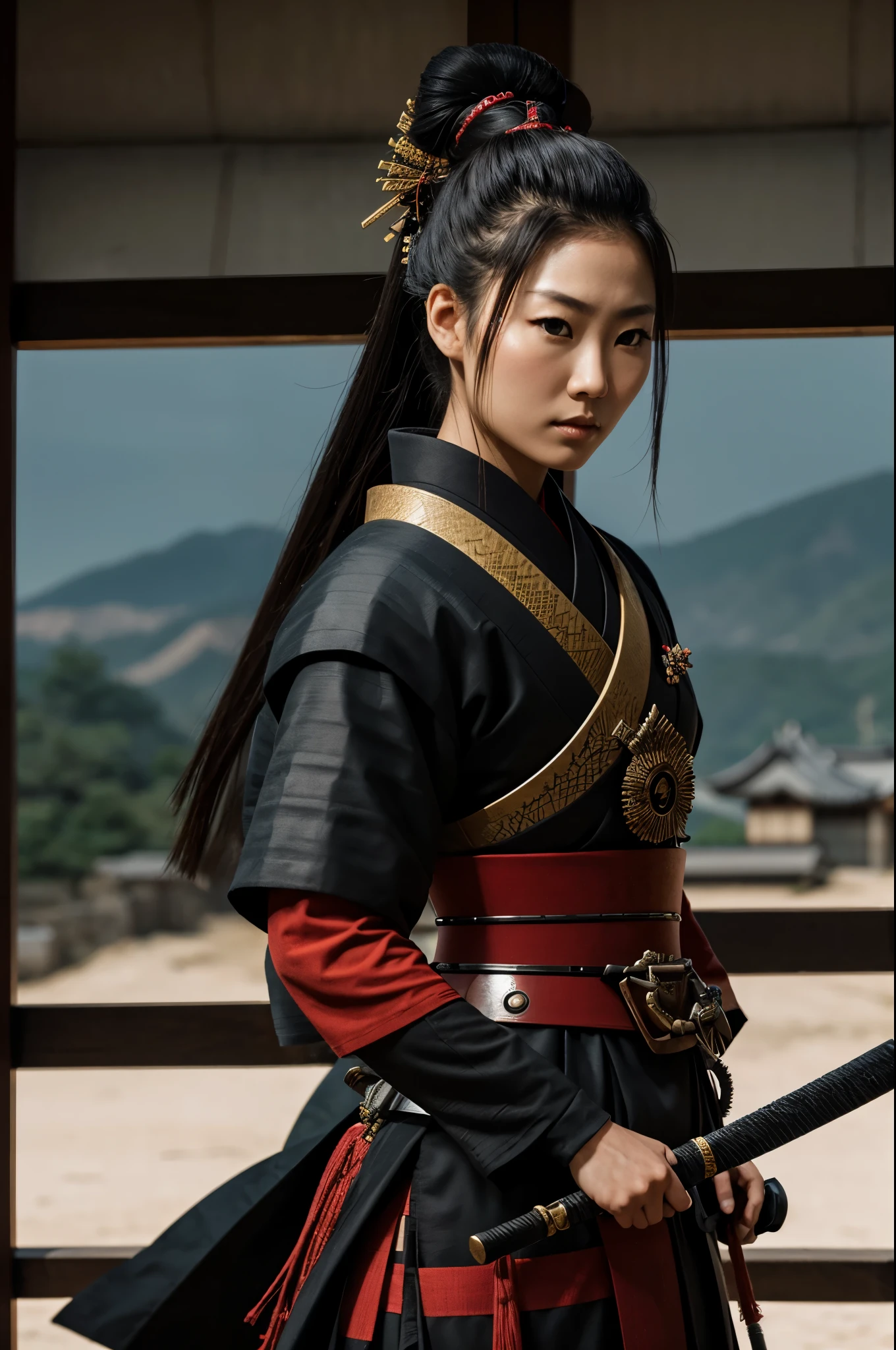 a new age samurai, a sword in one hand a pistol in the other, a blood red moon above, darkenss falling