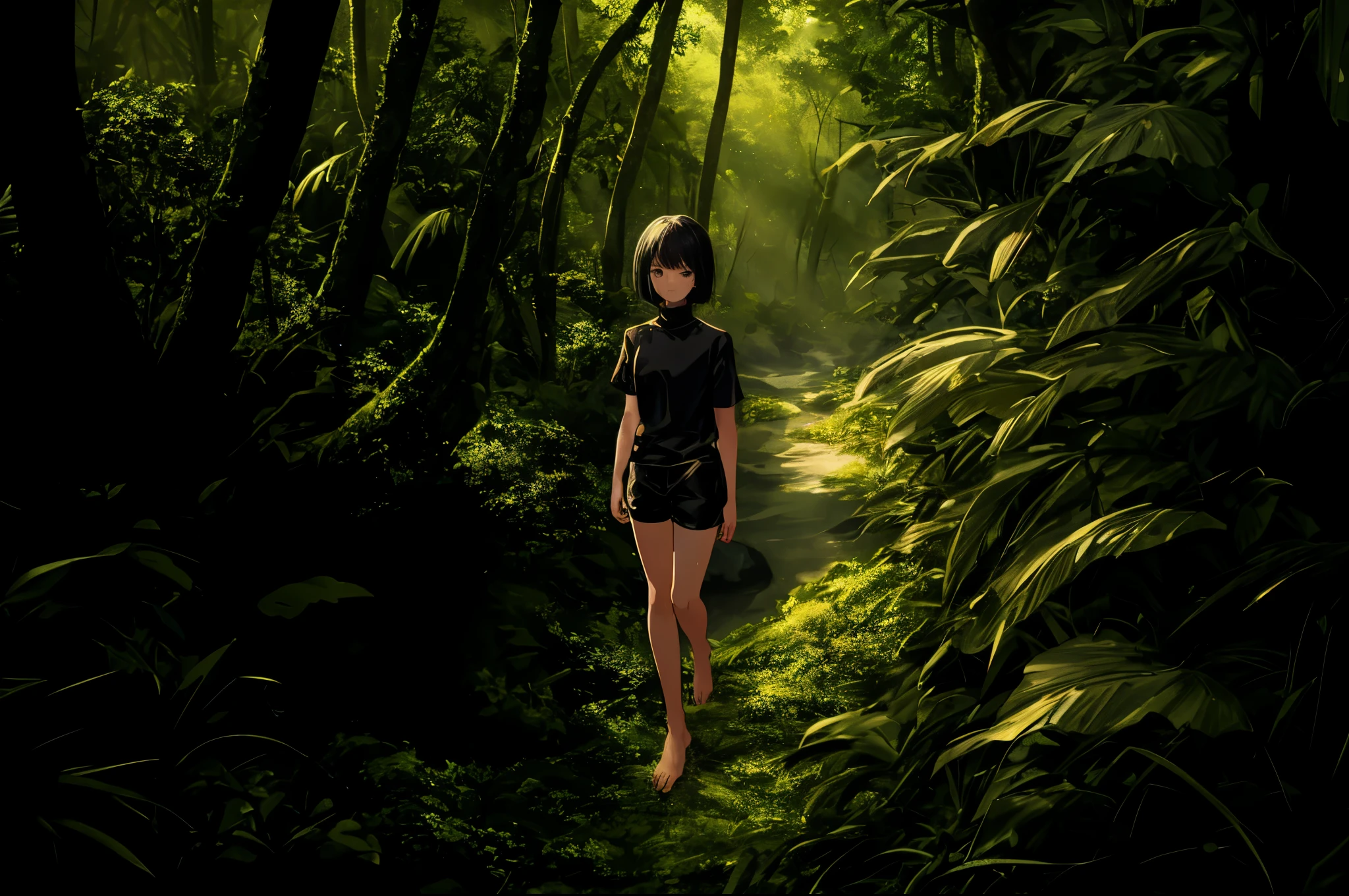2.5D, 1girl, solo, slim, black hair, bob cut, bangs, black eyes, closed mouth, black shirt, short sleeves, turtleneck, black sweat short, bare legs, barefeet, walking, trees, grass, jungle forest, foggy, warm colors, ambient lighting, masterpiece, high details, high quality, highres, 8k
