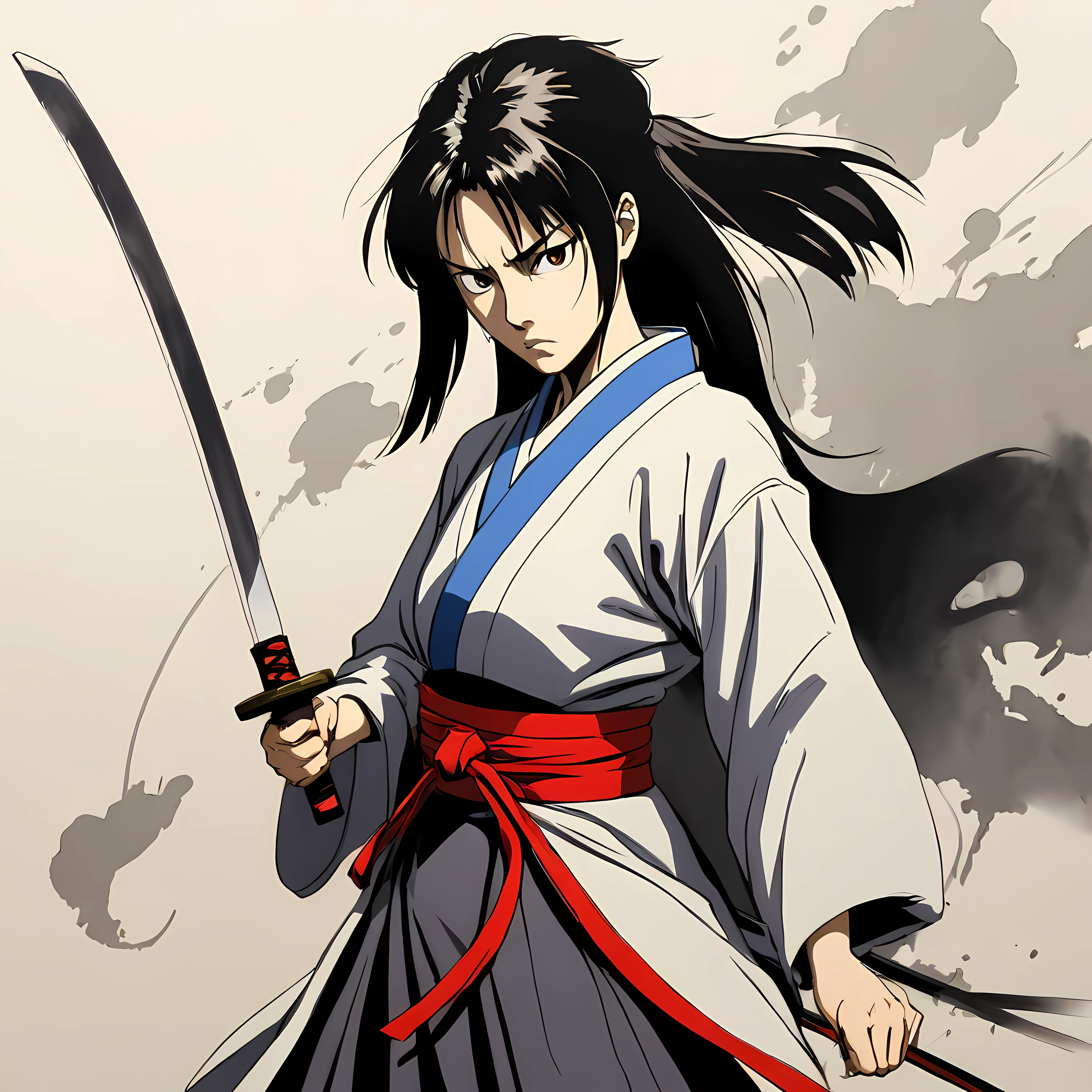 ((Rurouni kenshin anime style:1.3). ((Violent_expression:1.2), ((Female Samurai):1.2), ((Hourglass_figure):1.1). ((fighting stance):1.1), | The figure is depicted with smooth lines, expressing emotions and posture through the contrast of ink density. The background is minimalist, emphasizing light, shadow, and spatial perception.