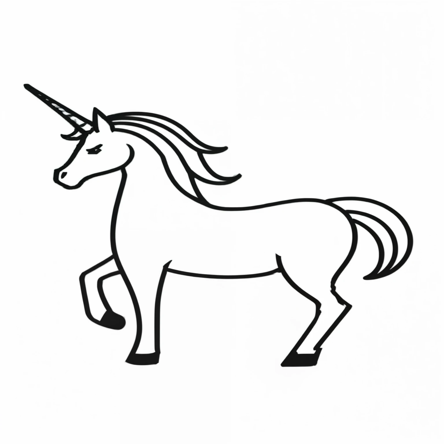 coloring pages of a unicorn with a long mane and a horn, a unicorn, unicorn, white unicorn, black stroke unicorn，unicorn horn, Unicorn like a horse,Drawing Line Art Stick Figure Style