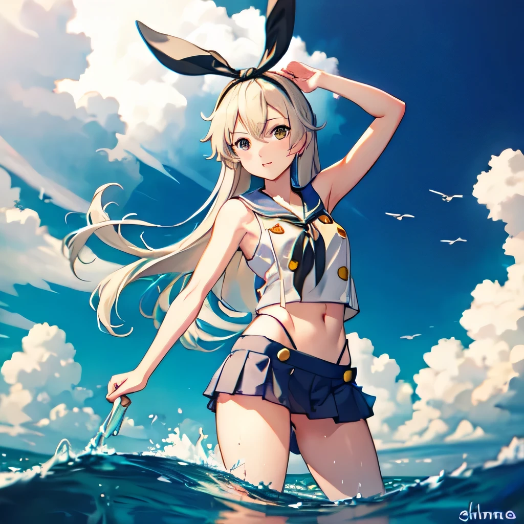 shimakaze (kancolle), abstract scene, water, anime coloring, anime art, 1girl, sleeveless, blue miniskirt, cowboy shot