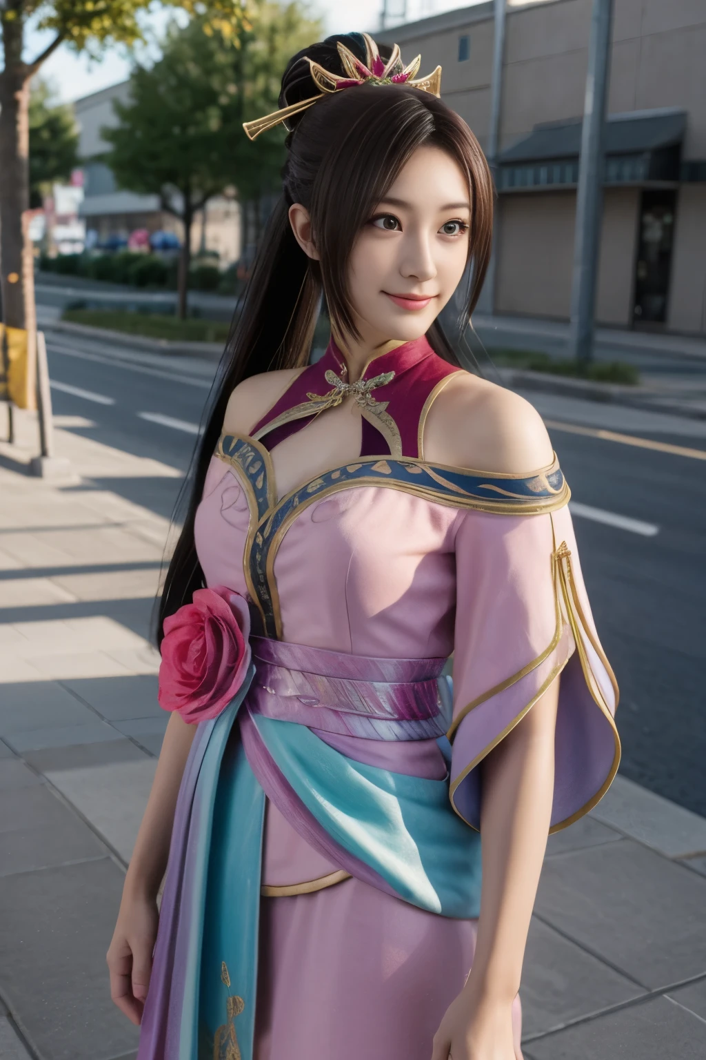 Diaochan from Sangoku Musou 8,超reality的な,hair ornaments,Perfect Diaochan costume,twin tails、masterpiece、1 cute girl、17 year old high school student、smile,fine eyes、puffy eyes、bright outdoors,Bright downtown、highest quality, 超High resolution, (reality: 1.4), movie lighting、Japanese、asian beauty、Korean、super beautiful、beautiful skin、body facing forward、whole body,Upper body、(超reality的な)、(High resolution)、(8k)、(very detailed)、(美しくfine eyes)、(Super detailed)、 (wall-)、detailed face、bright lighting、professional lighting、looking at the viewer、look straight ahead、slanted bangs、brown hair、Nogizaka Idol、