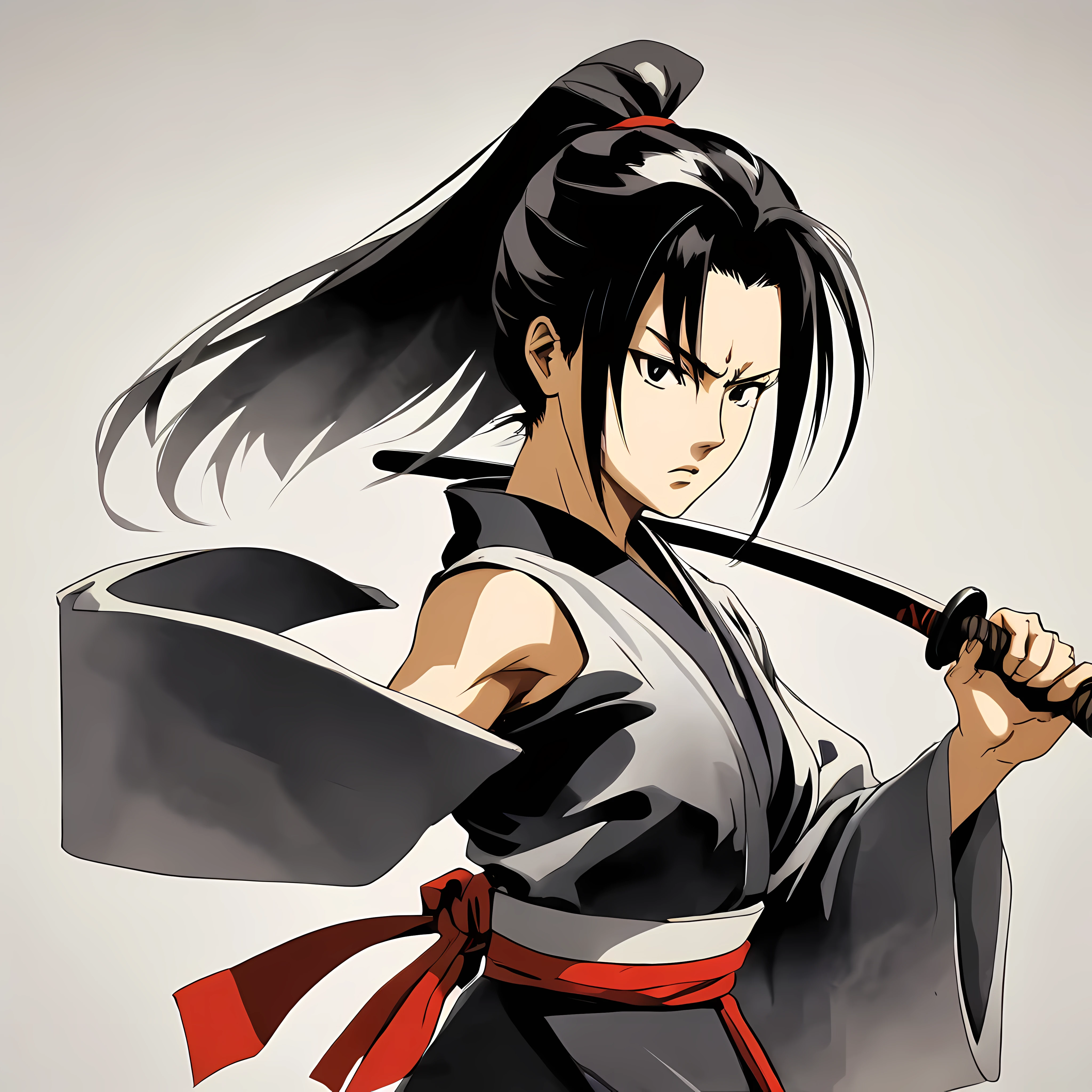 ((Rurouni kenshin anime style:1.3). ((Violent_expression:1.2), ((Female Samurai):1.2), ((Hourglass_figure):1.1). ((fighting stance):1.1), | The figure is depicted with smooth lines, expressing emotions and posture through the contrast of ink density. The background is minimalist, emphasizing light, shadow, and spatial perception.