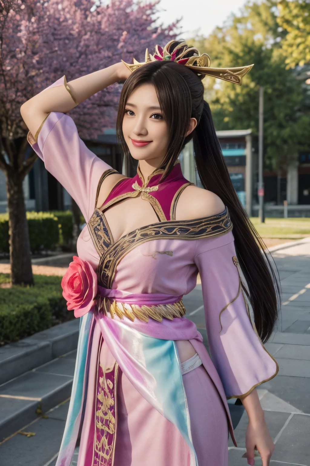 Diaochan from Sangoku Musou 8,超reality的な,hair ornaments,Perfect Diaochan costume,twin tails、masterpiece、1 cute girl、17 year old high school student、smile,fine eyes、puffy eyes、bright outdoors,Bright downtown、highest quality, 超High resolution, (reality: 1.4), movie lighting、Japanese、asian beauty、Korean、super beautiful、beautiful skin、body facing forward、whole body,Upper body、(超reality的な)、(High resolution)、(8k)、(very detailed)、(美しくfine eyes)、(Super detailed)、 (wall-)、detailed face、bright lighting、professional lighting、looking at the viewer、look straight ahead、slanted bangs、brown hair、Nogizaka Idol、