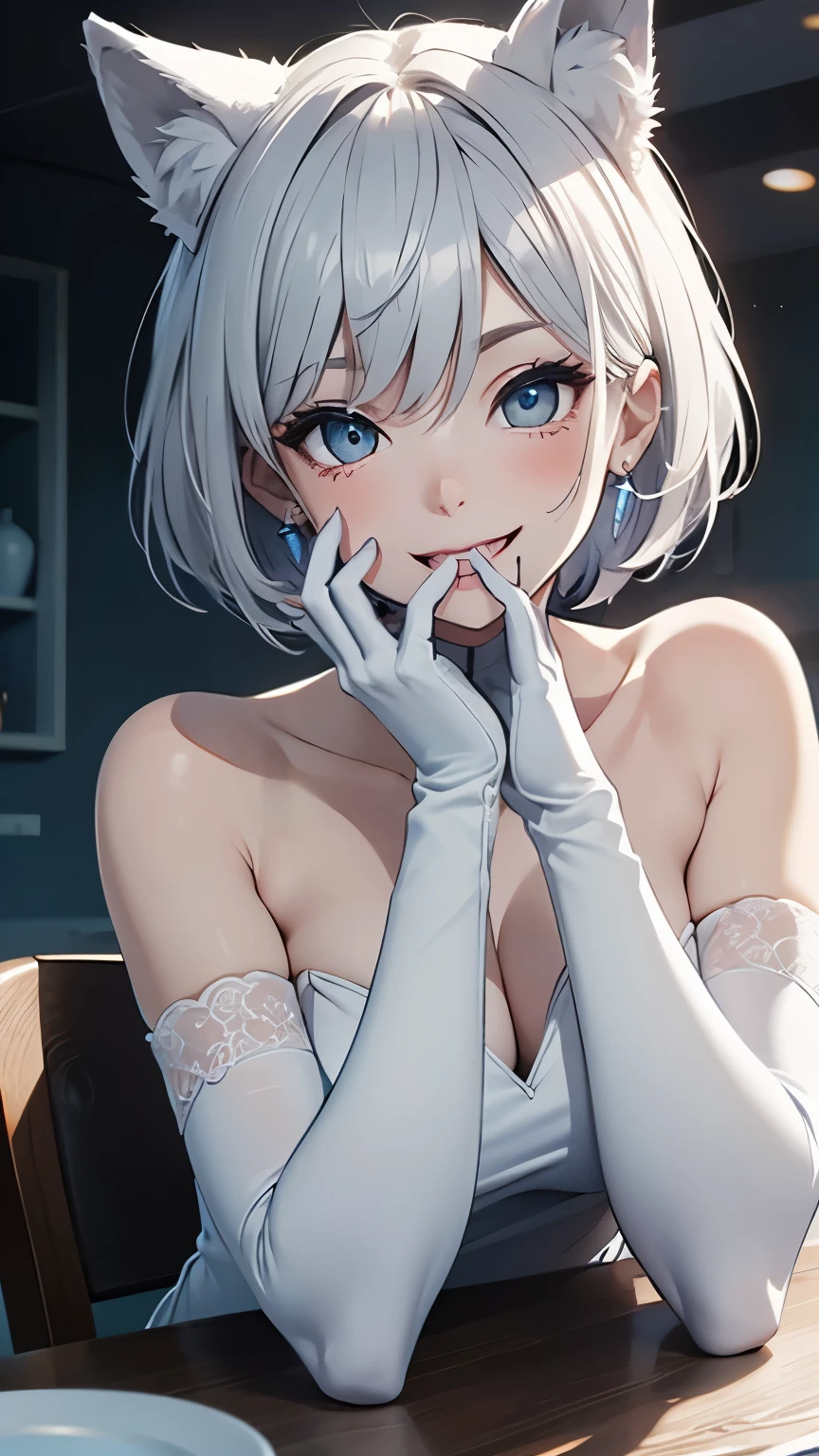 table top High level image quality best image quality 8k adult woman whole body portrait pure white long gloves(elbow gloves) white mini dress white wolf ears short hair((shortcut)(gray hair)(perm)(fluffy)) eye color is blue attractive face((laughter)(smile)(open your mouth)) sat cross-legged look forward sexy pose