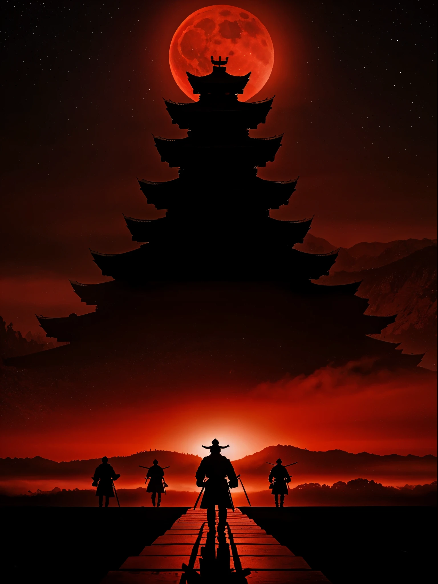 a new age samurai, a sword in one hand a pistol in the other, a blood red moon above, darkenss falling