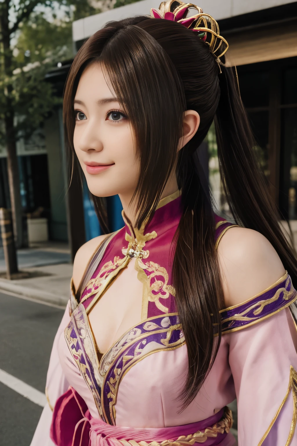 Diaochan from Sangoku Musou 8,超reality的な,hair ornaments,Perfect Diaochan costume,twin tails、masterpiece、1 cute girl、 high school stud eyes、puffy eyes、bright outdoors,Bright downtown、highest quality, 超High resolution, (reality: 1.4), movie lighting、Japanese、asian beauty、Korean、super beautiful、beautiful skin、body facing forward、whole body,Upper body、(超reality的な)、(High resolution)、(8k)、(very detailed)、(美しくfine eyes)、(Super detailed)、 (wall-)、detailed face、bright lighting、professional lighting、looking at the viewer、look straight ahead、slanted bangs、brown hair、Nogizaka Idol、