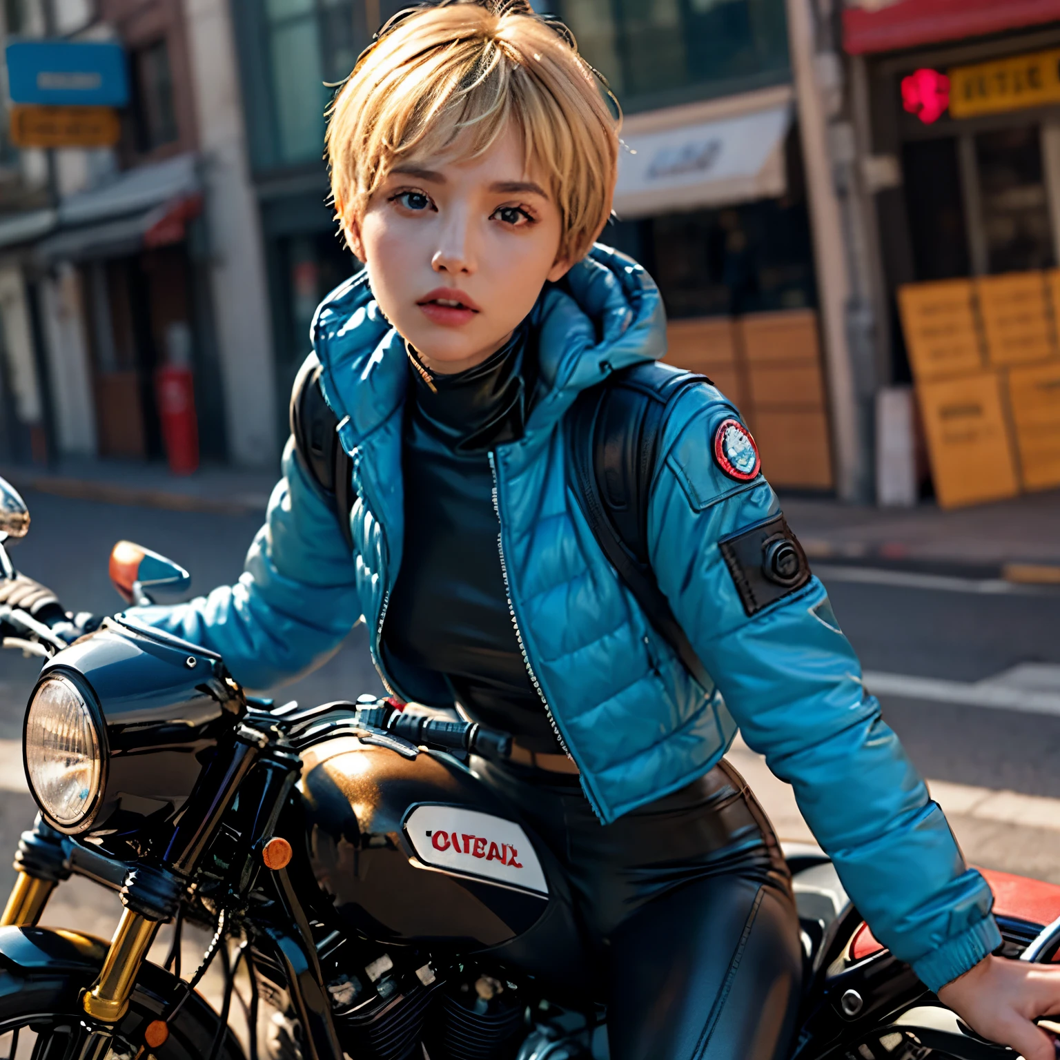 1girl wearing leather suit, wattson \(apex legends\), wattson, (best quality, masterpiece, normal angle, medium shot, angle, highest detailed),upper_body, tight, blonde hair,short hair,blue eyes,detailed eyes,expressive detailed eyes,wide eyed,detailed pupils,black leather suit ,small_breasts,cut face,big eyes, face details, on motorcycle on street