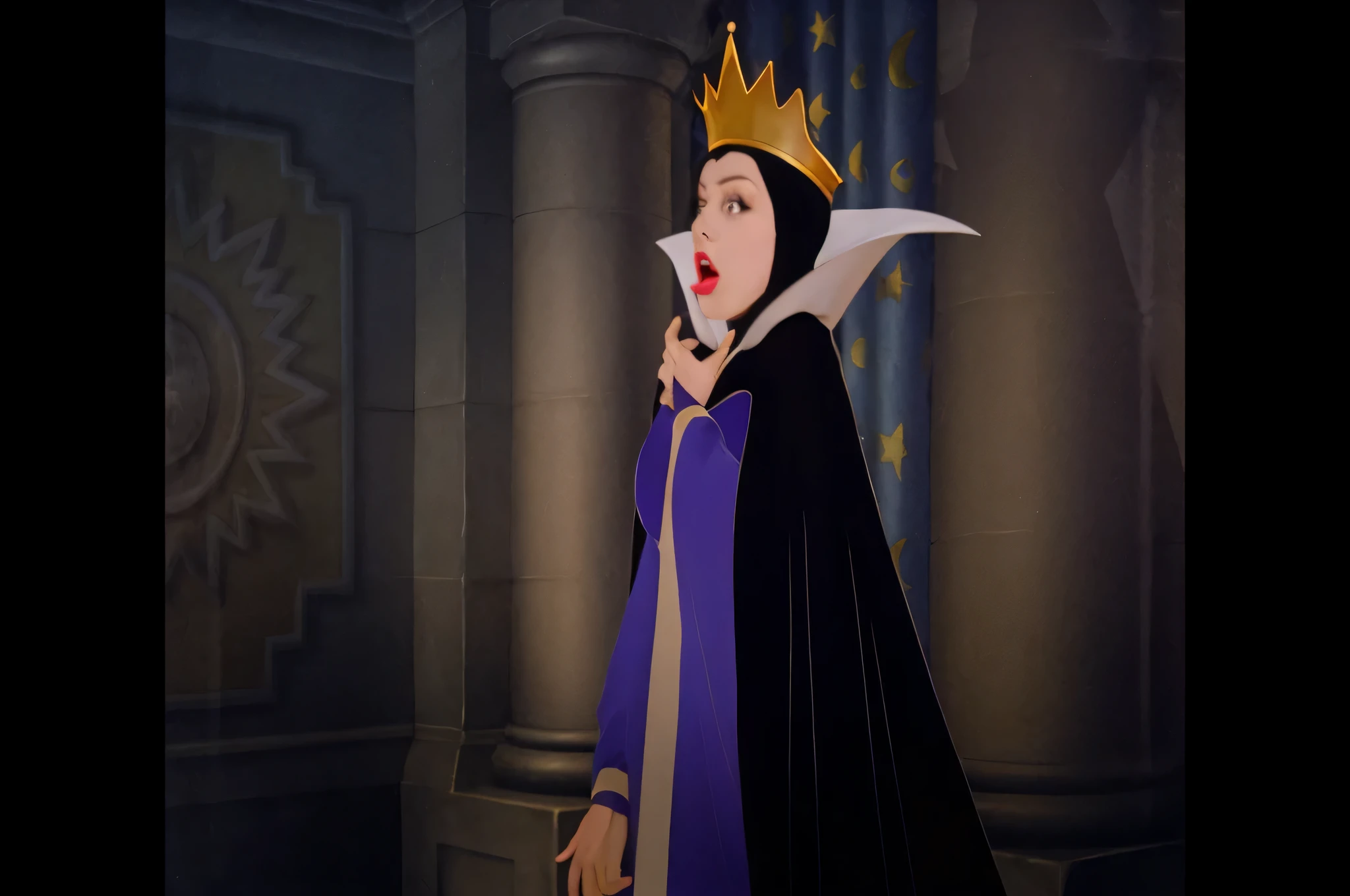 Queen, blue dress, gold Crown, white stand-up collar, Black jacket