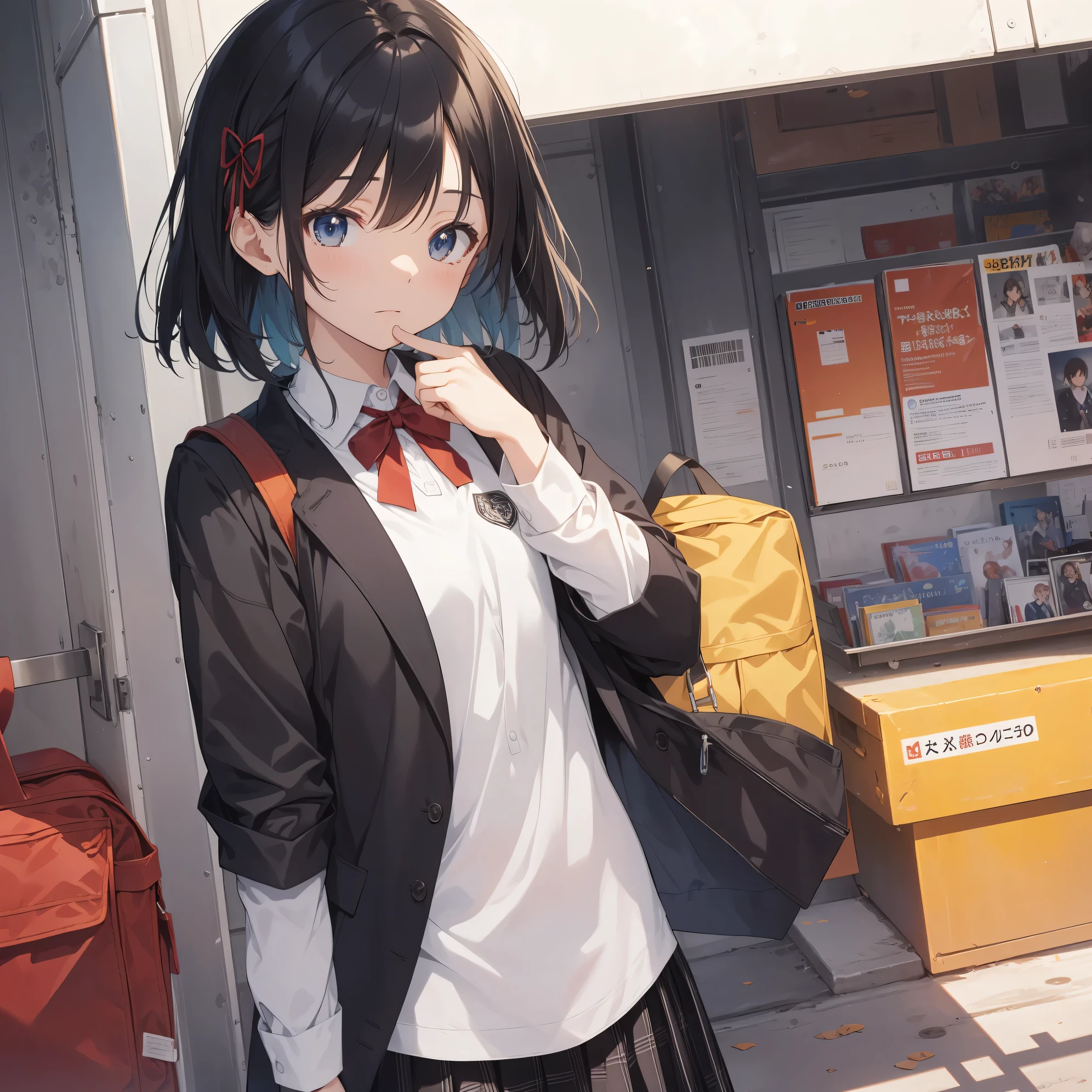 Ultra-highest quality by the art god, super detailed, High resolution, anime moe art style, Best Anime 8K Kona-chan Wallpaper, pixiv contest winner, perfect anatomy, break,(眠そうにalone学校へ行く女の子を描いてください. )break,1 girl, (alone,little woman, , 13 years old:1.3),All limbs, full finger,, The charm of an immature body, (very short hair), bangs, bow, flat chest, Small Bodysuits, small ass, between legs, small black eyes, detailed and beautiful eyes, Well-proportioned iris and pupils, expressive eyes, High resolutionの詳細な髪, ribbon, neck ribbon, skirt, collared shirt, pleated skirt, school uniform, school bag,(detailed lighting), (detailed background), On the way to school. break,super dense skin, Best lighting by famous artists, 8k, cute illustration,Hmm, rough skin
