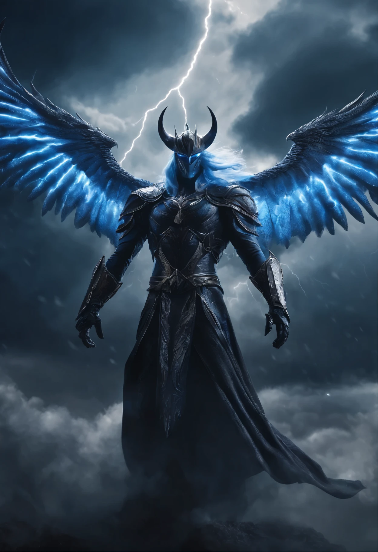 Stormreapers are the ones who rule the skies.、Its body is covered with deep blue scales。In addition to this、The sparkle of lightning runs、The entire body appears to be enveloped in a fantastic blue light.The huge body is 40 meters long and its large wings are spread out.。His body shines like thunder、The way it flies through the sky is like a living storm.、Big wings covered with storm clouds、The gray feathers make a sound like thunder.。On the tips of its wings there is a glint like lightning.、Creates a beautiful scene that resembles lightning running while in flight.、The long tail is shaped like a tornado.、The scales are covered with patterns reminiscent of storm clouds。This combined with lightning、Storm Reaper's entire body appears brightly shining.。There is a hard skin under the scales、The eyes have a deep blue glow、Stormreapers absorb energy from the air while flying.、You can turn that power into a storm or gust of wind。Against a dark blue or gray background、Lightning and gray clouds create contrast、Highlights the Storm Reaper's elegant yet powerful posture.、It's like a living storm、Its posture gives off a majesty that rules the sky.