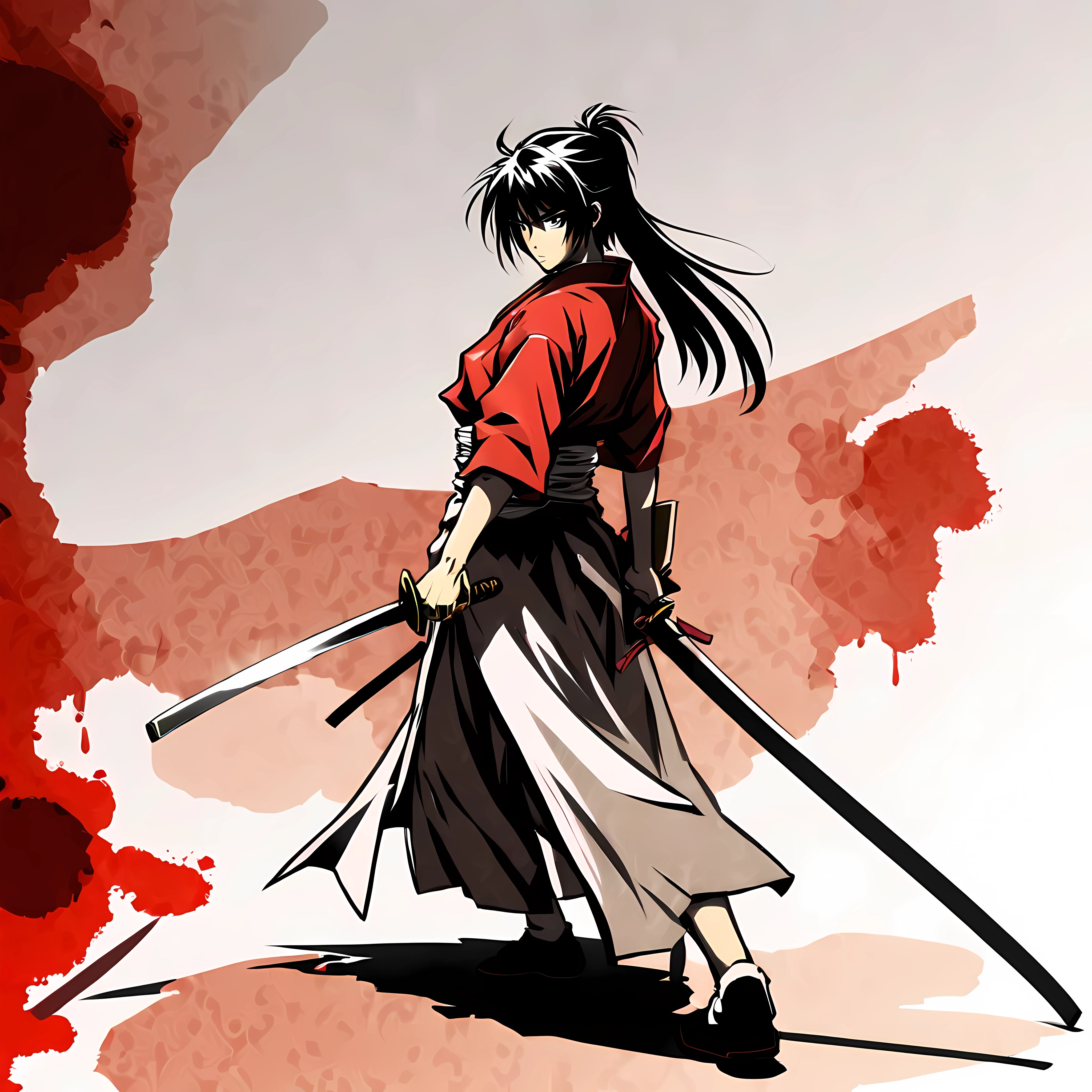 ((Rurouni kenshin anime style:1.3). ((Violent_expression:1.2), ((Female Samurai):1.2), ((Hourglass_figure):1.1). ((fighting stance):1.1), | The figure is depicted with smooth lines, expressing emotions and posture through the contrast of ink density. The background is minimalist, emphasizing light, shadow, and spatial perception.