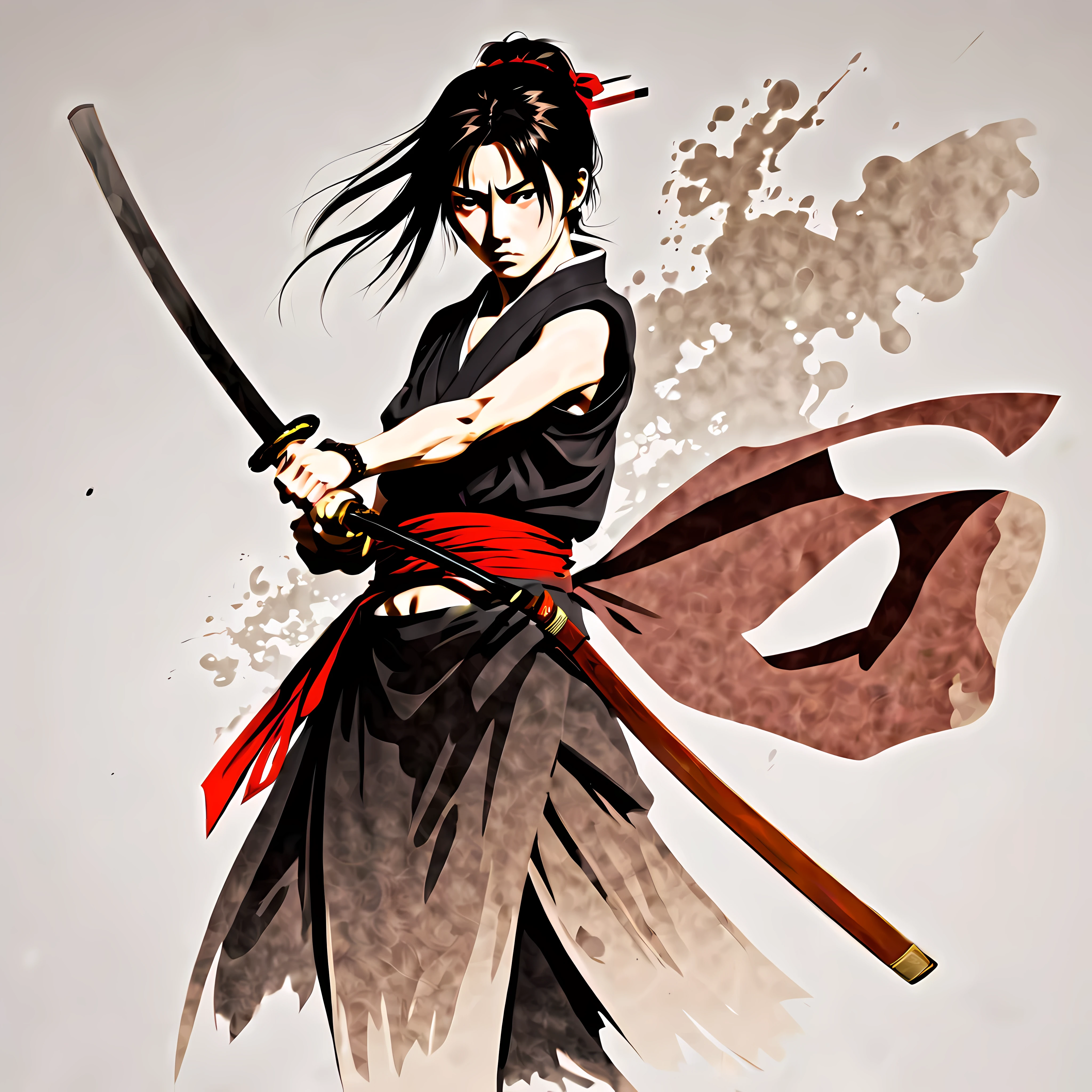 ((Rurouni kenshin anime style:1.3). ((Violent_expression:1.2), ((Female Samurai):1.2), ((Hourglass_figure):1.1). ((fighting stance):1.1), | The figure is depicted with smooth lines, expressing emotions and posture through the contrast of ink density. The background is minimalist, emphasizing light, shadow, and spatial perception.