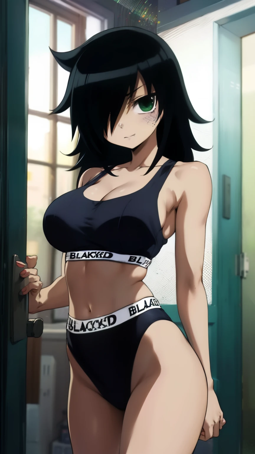 (masterpiece, highest quality, best quality, official art, beautiful and aesthetic: 1.2), (1girl), extremely detailed, (fractal art: 1.3), colorful, highest detailed, perfect face, upper body, HDR, ), vivid visual effects, (dynamic stripes, luminous traces: 1.2), long black hair, tomoko, breast focus, breasts, large breasts, bare breasts, naked, nude, boob window, sexy, wide hips, thicc figure, Detailed green eyes, Detailed face, Detailed eyes, BLACKED, BLACKED UNDERWEAR, BLACKED PORNO, tomoko kuroki, watamote
