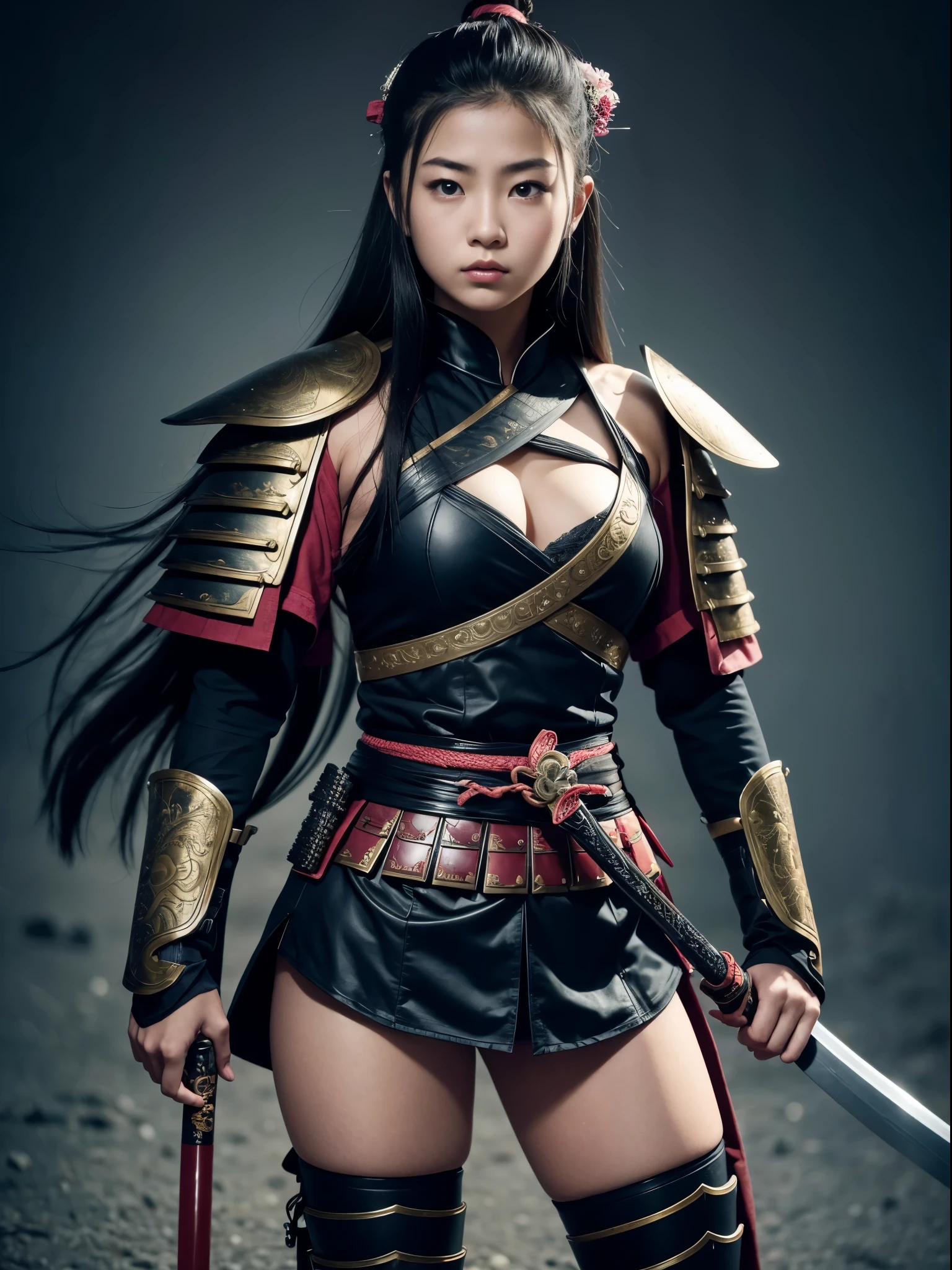 a new age samurai, a sword in one hand a pistol in the other, a blood red moon above, darkenss falling
