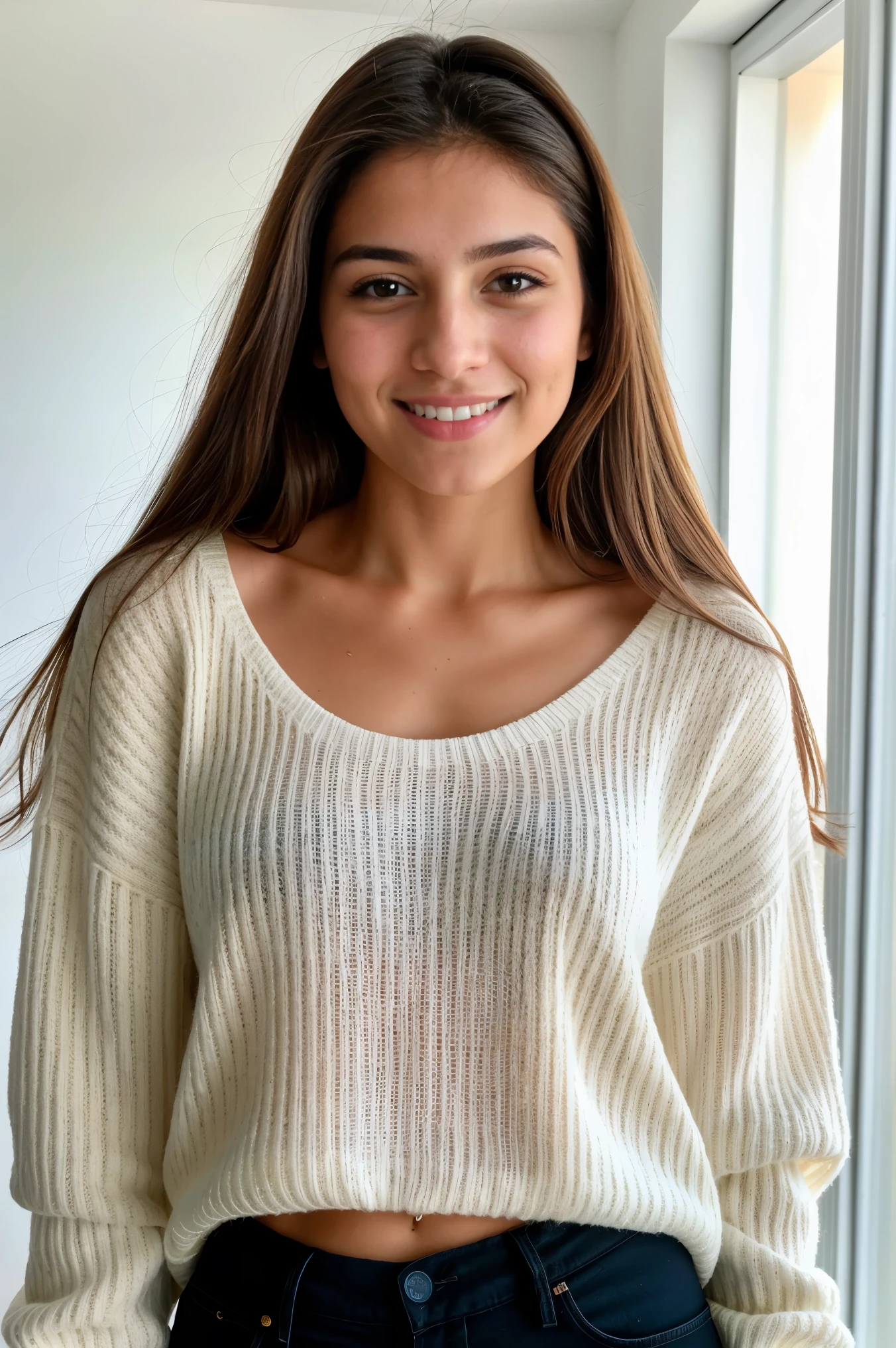 foto do instagram, Foto aproximada do rosto de 20 anos.French girl Chloé, in black sweater, Fission, pale skin, (sourire:0.4), sombras duras, melhor qualidade, obra de arte, ultra-high resolution, (fotorrealista:1.4), Foto CRU, 1 meninas, ((Camisola de renda preta)), ((peito grande)), luz fria