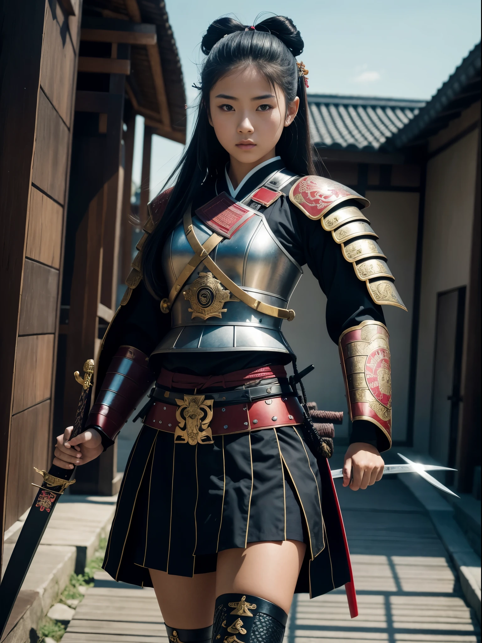 a new age samurai, a sword in one hand a pistol in the other, a blood red moon above, darkenss falling