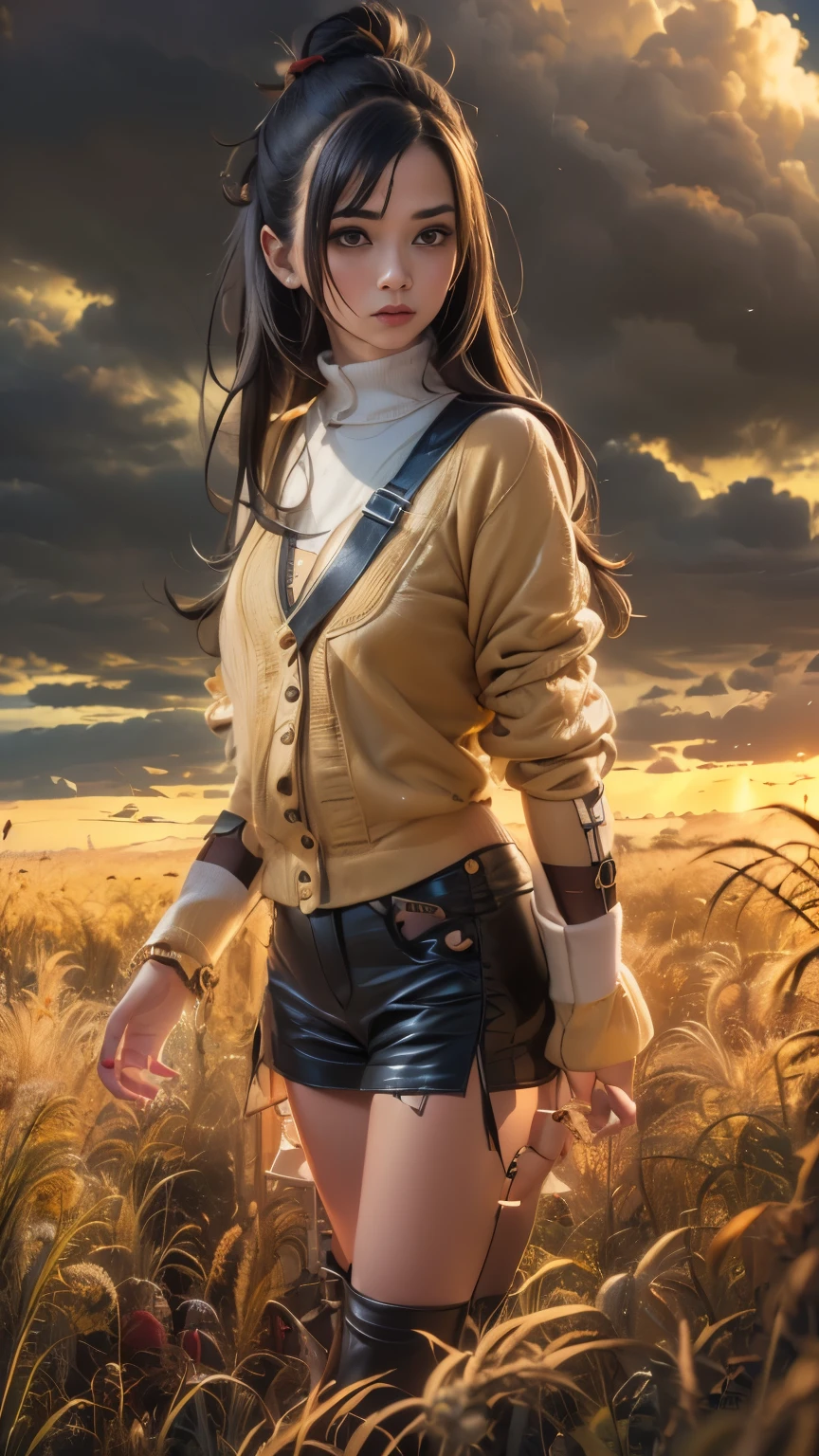 (realism: 1.3), Great, quality, Rembrandt lighting, (Masterpiece: 1.2), (realism: 1.2), (Best quality), (leather details: 1.3), (complex part), dramatic, Idyllic, ray tracing, 1 girl, Chinese yellow girl, long black hair, young - beautiful , modern clothes (meadow, Sun, clouds, fields, farms, star Light,