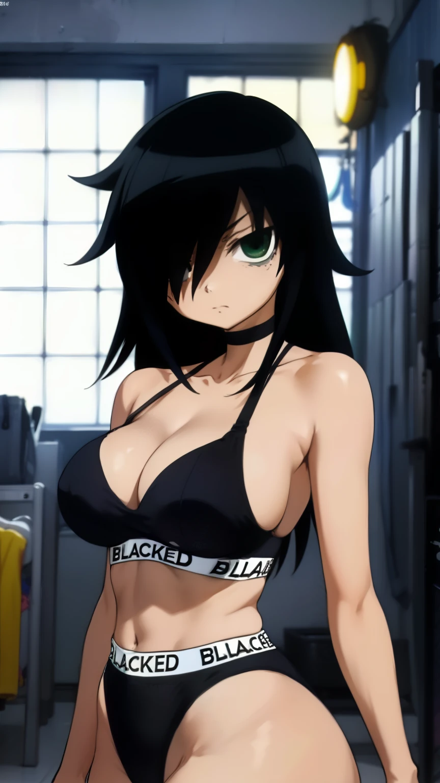 (masterpiece, highest quality, best quality, official art, beautiful and aesthetic: 1.2), (1girl), extremely detailed, (fractal art: 1.3), colorful, highest detailed, perfect face, upper body, HDR, ), vivid visual effects, (dynamic stripes, luminous traces: 1.2), long black hair, tomoko, breast focus, breasts, large breasts, bare breasts, naked, nude, boob window, sexy, wide hips, thicc figure, Detailed green eyes, Detailed face, Detailed eyes, BLACKED, BLACKED UNDERWEAR, BLACKED PORNO, tomoko kuroki, watamote