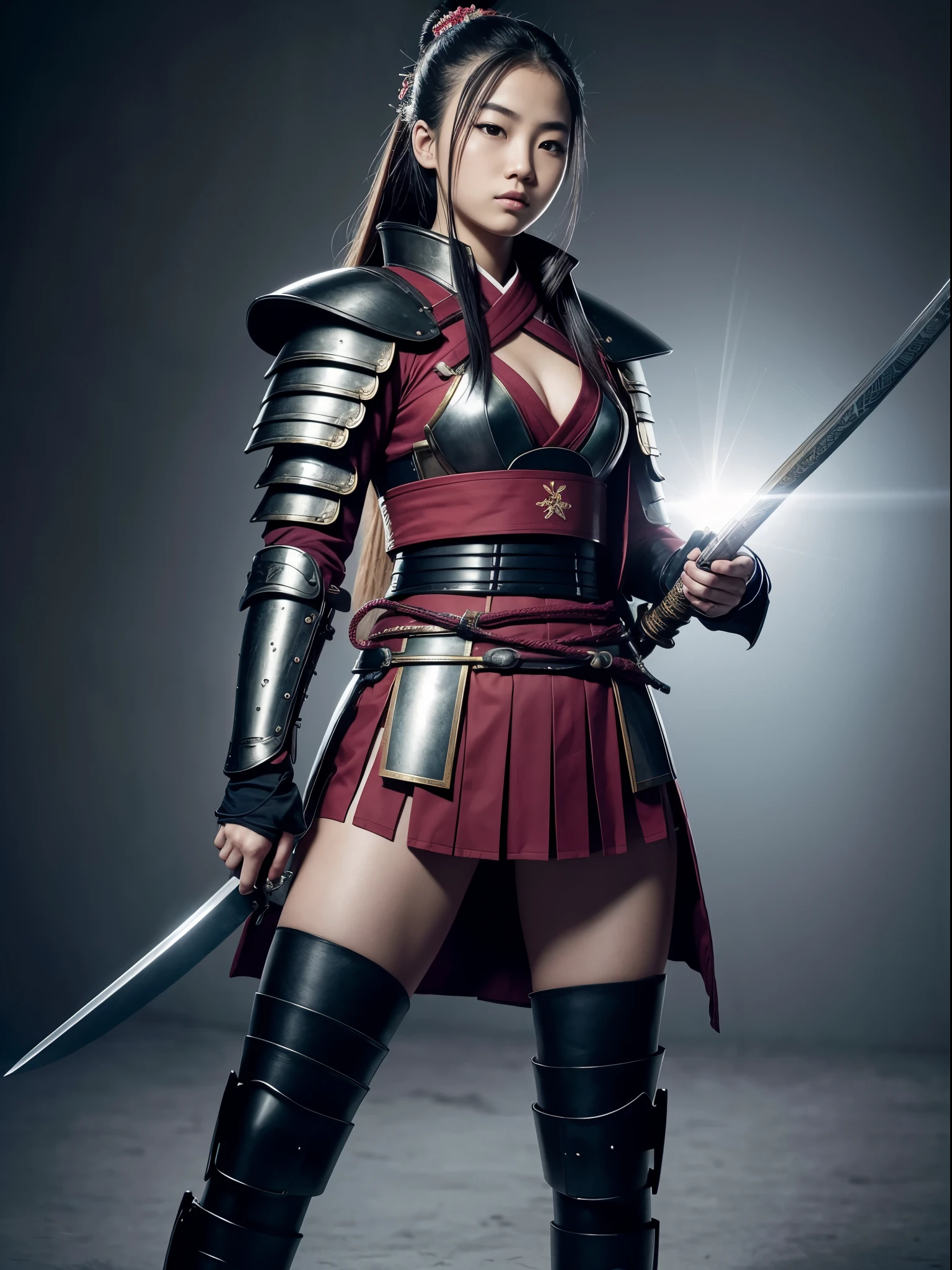 a new age samurai, a sword in one hand a pistol in the other, a blood red moon above, darkenss falling