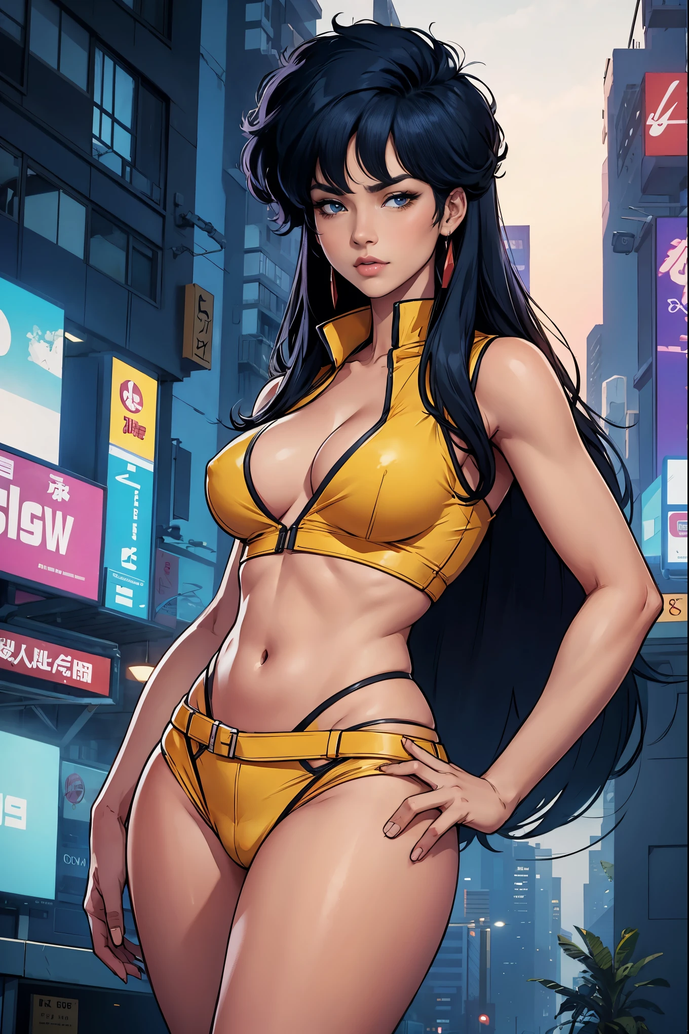 Yuri from The Dirty Pair wearing a skimpy yellow outfit, cleavage, Asian beauty, long black hair, cyberpunk city background