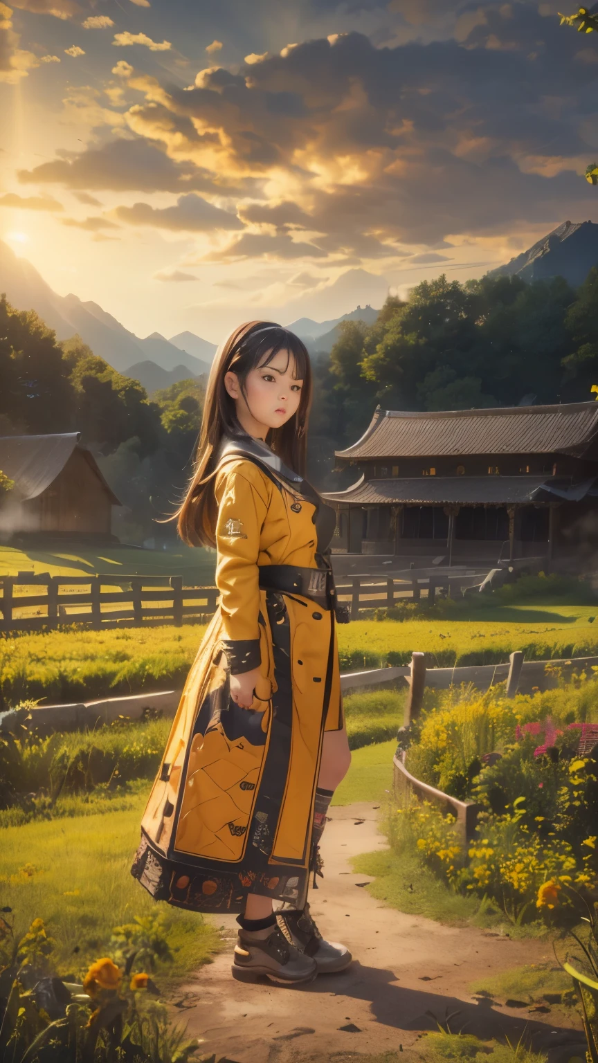 (realism: 1.3), Great, quality, Rembrandt lighting, (Masterpiece: 1.2), (realism: 1.2), (Best quality), (leather details: 1.3), (complex part), dramatic, Idyllic, ray tracing, 1 girl, Chinese yellow girl, long black hair, young - beautiful ************, modern clothes (meadow, Sun, clouds, fields, farms, star Light,