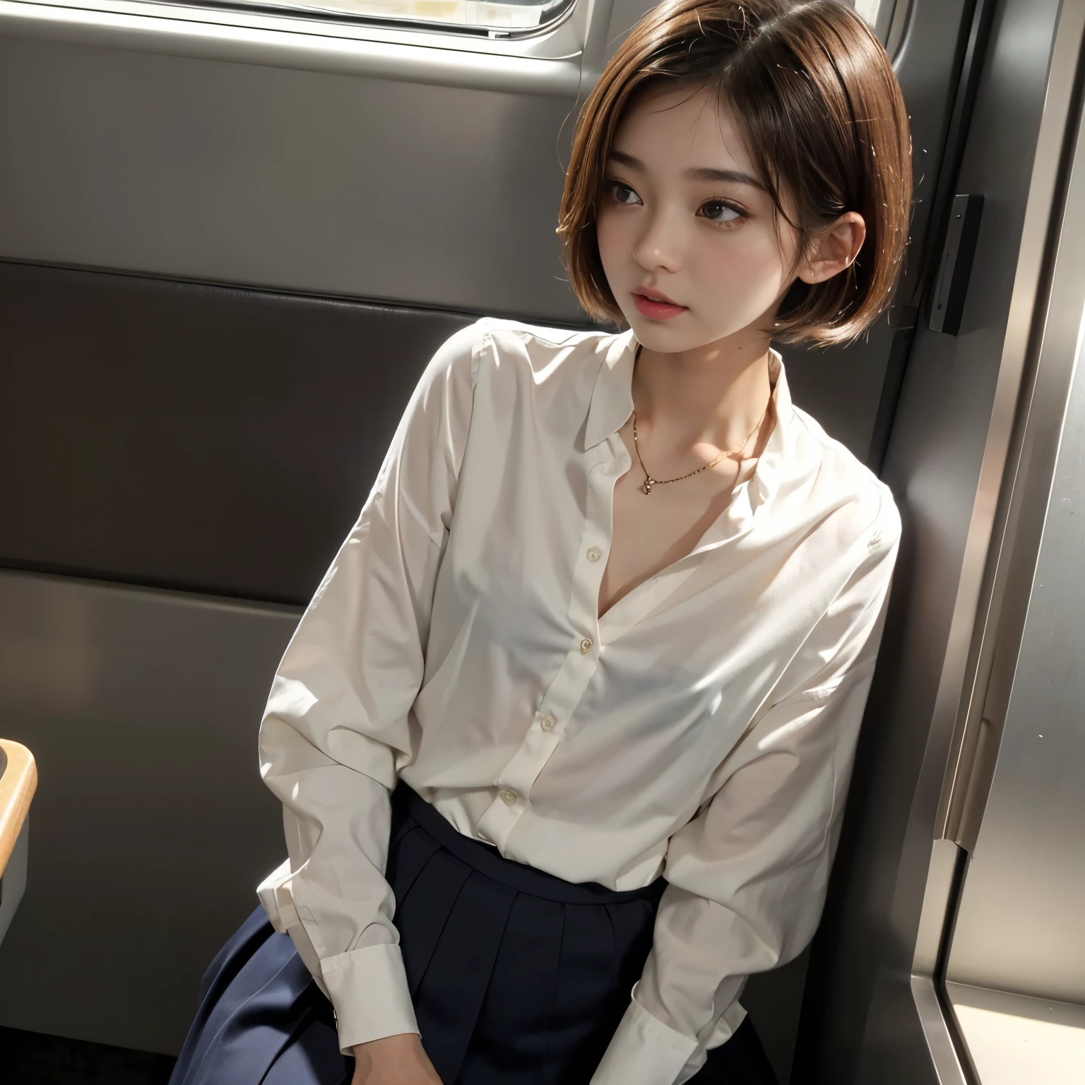 best quality, ultra highres, ultra detailed skin, physically-based rendering,flat chest, downblouse,(**** japanese girl , decorated detailed bra, buttoned shirt, school uniform, small breasts, voluptuous ),(beautiful background:1.2), in train, short hair, necklace, see through bra,looking away