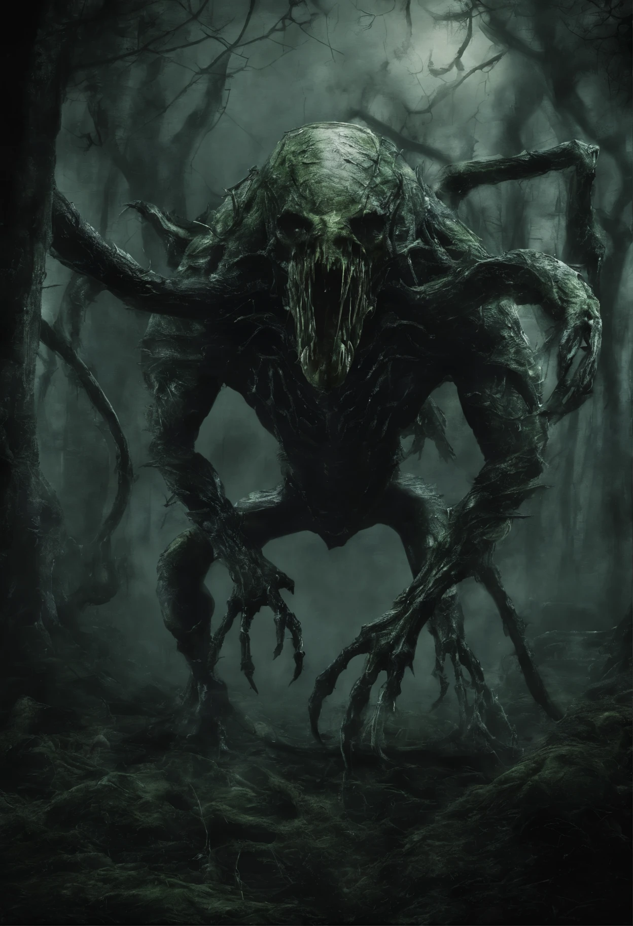 Toxic Crawler is Unidentified creature, lives deep in the forest, acts in groupsSize: 2.5 metersBody: Humanoid, bipedalSkin: shiny skin with translucent oil secreted from the body and scales of green and purple in toxic shadesCharacteristics: Five sharp, venom-filled fangs that are always visibleArms: 4 flexible serpent-like arms with sharp claws,