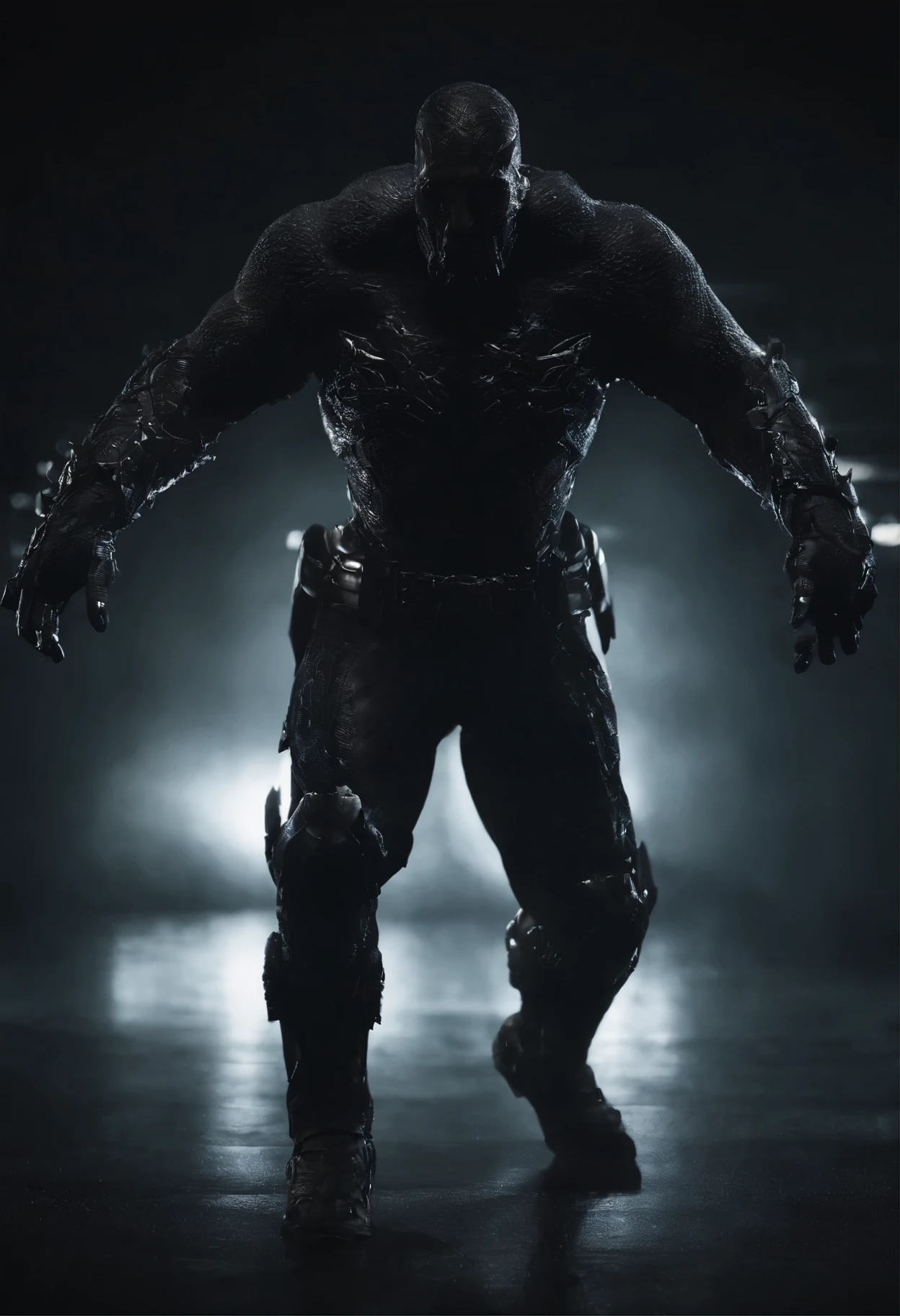 Shadowrunner size is Size: 2 meters, humanoid monster, with a translucent body clad in darkness. The transparent parts of the body show minute reflections of light, and the presence of the Shadowrunner creates a gloomy atmosphere, with dark shadows and smoke-like patterns emerging from the transparent skin. This glow spreads across the transparent skin, giving the impression as if the darkness itself constitutes the face, vague contours and fluidity,