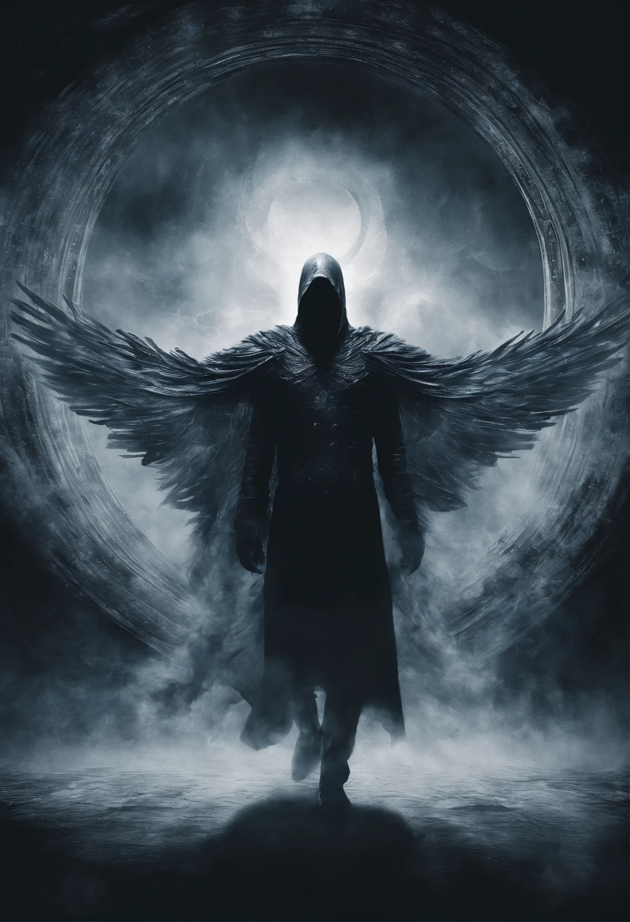 In a desolate expanse drenched in haunting shades of cobalt, a solitary figure emerges from the shadows. This enigmatic man, garbed in a sleek black suit, embodies a paradox—a fusion of dark allure and an elusive affection that defies comprehension. His obscured visage, cloaked by a hood, casts enigmatic shadows that weave a chilling psychological intrigue, a riddle that tantalizes the senses.Surrounding him, a celestial congregation materializes—an assembly of radiant angels whose ethereal forms emanate a divine luminescence, piercing the oppressive gloom with an iridescent brilliance. Their presence, a stark contrast against the eerie backdrop, bathes the surroundings in an otherworldly, shimmering glow.Amidst this cosmic theater, Ibliis, the jinn, ascends—a spectral journey marked by vibrant blue hues that intensify his mystical transcendence. The iridescent lighting not only illuminates his ethereal elevation but also casts he waers a cap that shadows his face 