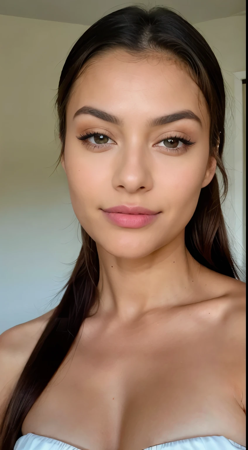 Linda morena de corpo inteiro com mechas loiras vestindo um vestido ,(em um quarto), altamente detalhado, 22 anos de idade, , , rosto inocente, cabelos ondulados naturais, olhos azuis, high resolution, obra de arte, melhor qualidade, detalhes altos e intrincados, altamente detalhado, sharp focus, pele detalhada, realistic skin textura, textura, olhos detalhados, profissional, 4k, sorriso charmoso, filmado em Canon, 85mm, profundidade superficial de campo, Cores Kodak Vision, corpo em forma perfeita , extremamente detalhado, fotografia_\(ultra\), fotorrealista, Realista, Post-processing, maximum details, rugosidade, Vida real, ultra realistic, fotorrealismo, fotografia, 8k hd, fotografia, peituda