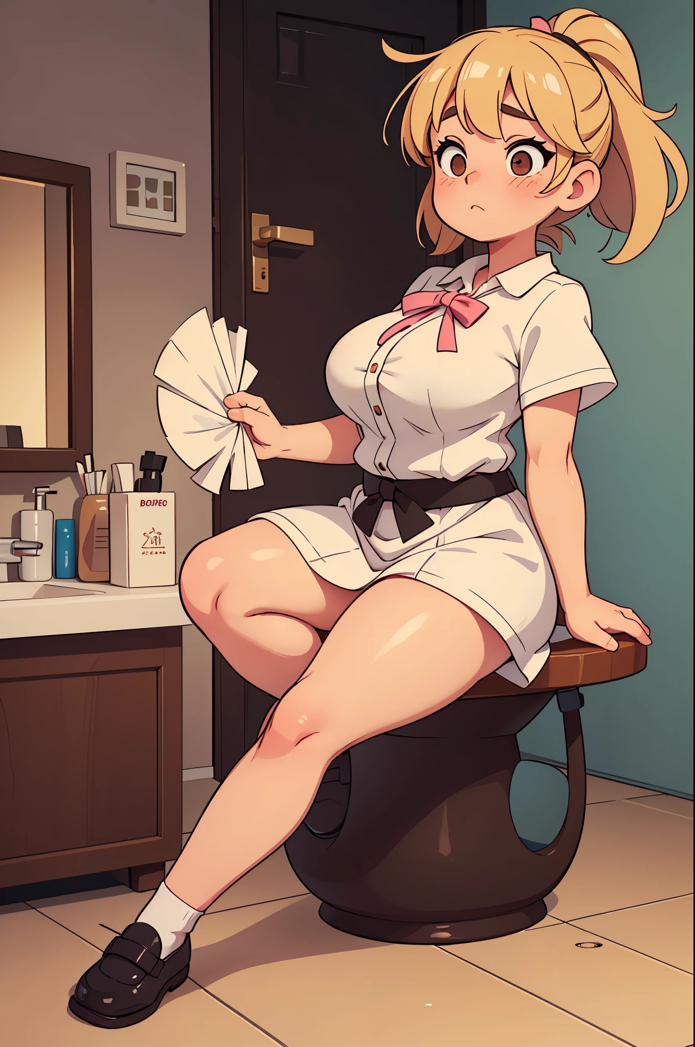 Drawing of a pudgy of late adolescence with rosy cheeks; brown eyes; creamy blonde hair. She is in a white dress with a prominent bow on her waist; she is wearing black dress shoes. She has muscular, toned, realistic feet and legs. Her legs are thick, fat and chubby. She is in a bathroom on a kawaii toilet with her legs crossed and an embarrassed, blushing look on her face. Her hands are on her thighs. Her pink panties are around her ankles.
