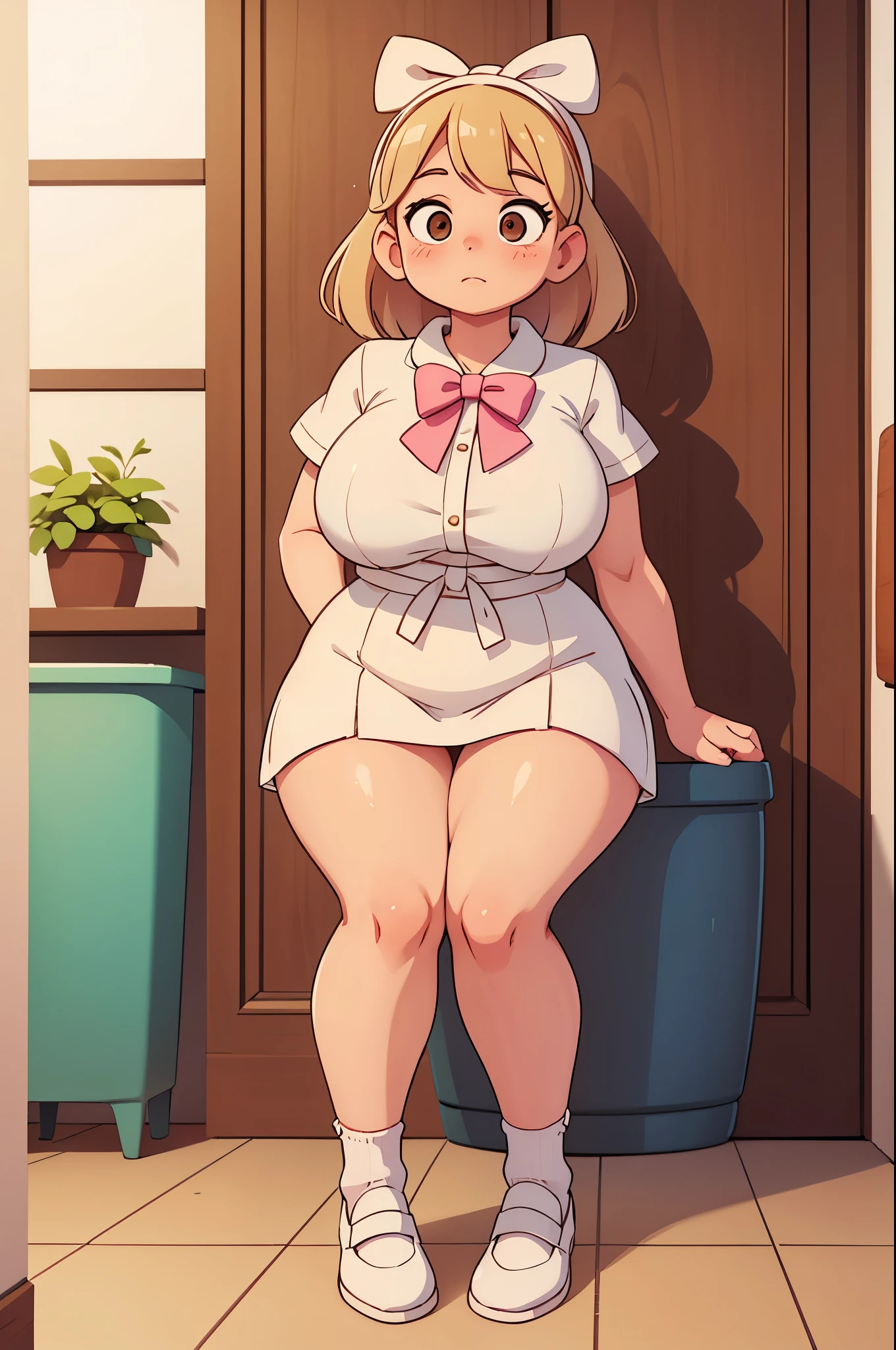 Drawing of a pudgy teen of late adscence with rosy cheeks; brown eyes; creamy blonde hair. She is in a white dress with a prominent bow on her waist; she is wearing black dress shoes. She has muscular, toned, realistic feet and legs. Her legs are thick, fat and chubby. She is in a bathroom on a kawaii toilet with her legs crossed and an embarrassed, blushing look on her face. Her hands are on her thighs. Her pink panties are around her ankles.