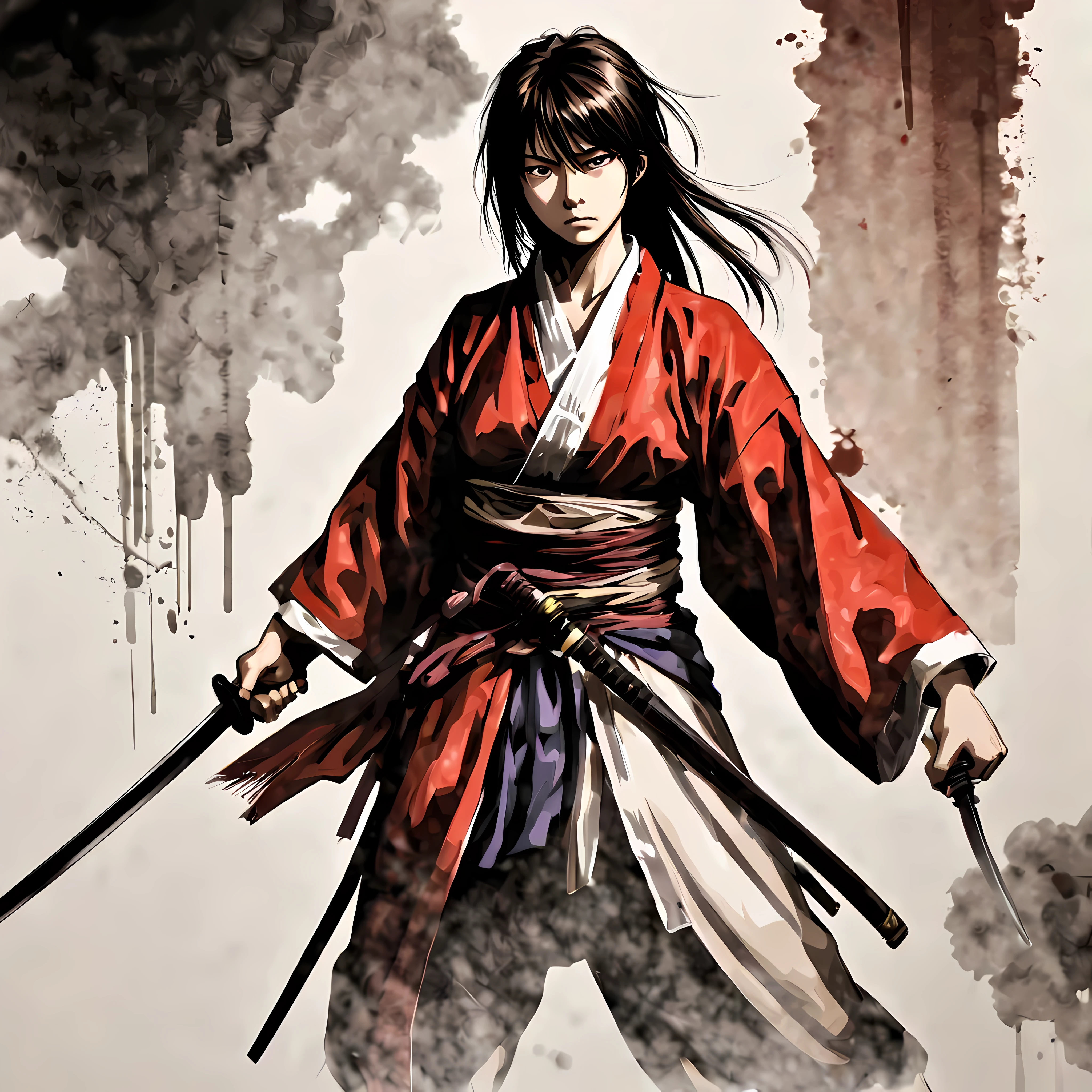 ((Rurouni kenshin anime style:1.3). ((Violent_expression:1.2), ((Female Samurai):1.2), ((Hourglass_figure):1.1). ((fighting stance):1.1), | The figure is depicted with smooth lines, expressing emotions and posture through the contrast of ink density. The background is minimalist, emphasizing light, shadow, and spatial perception.