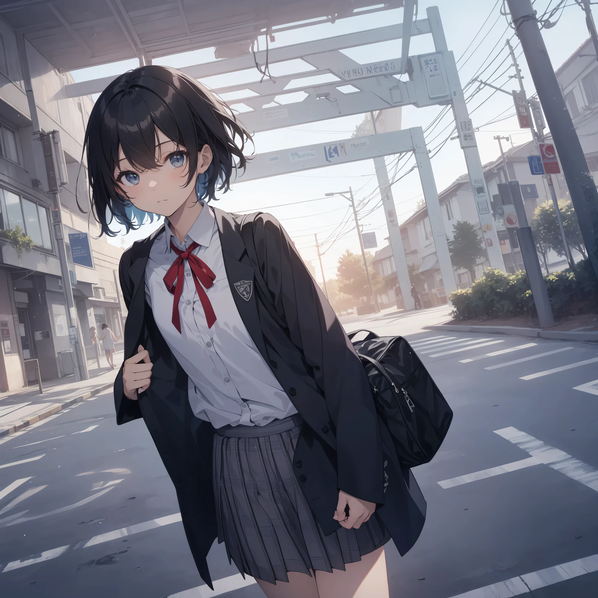 Ultra-highest quality by the art god, super detailed, High resolution, anime moe art style, Best Anime 8K Kona-chan Wallpaper, pixiv contest winner, perfect anatomy, break,(眠そうにalone学校へ行く女の子を描いてください. )break,1 girl, (alone,little woman, , :1.3),All limbs, full finger,, The charm of an immature body, (very short hair), bangs, flat chest, Small Bodysuits, small ass, between legs, small black eyes, detailed and beautiful eyes, Well-proportioned iris and pupils, expressive eyes, High resolutionの詳細な髪, ribbon, neck ribbon, skirt, collared shirt, pleated skirt, school uniform, school bag,(detailed lighting), (detailed background), On the way to school. break,super dense skin, Best lighting by famous artists, 8k, cute illustration,Hmm, rough skin