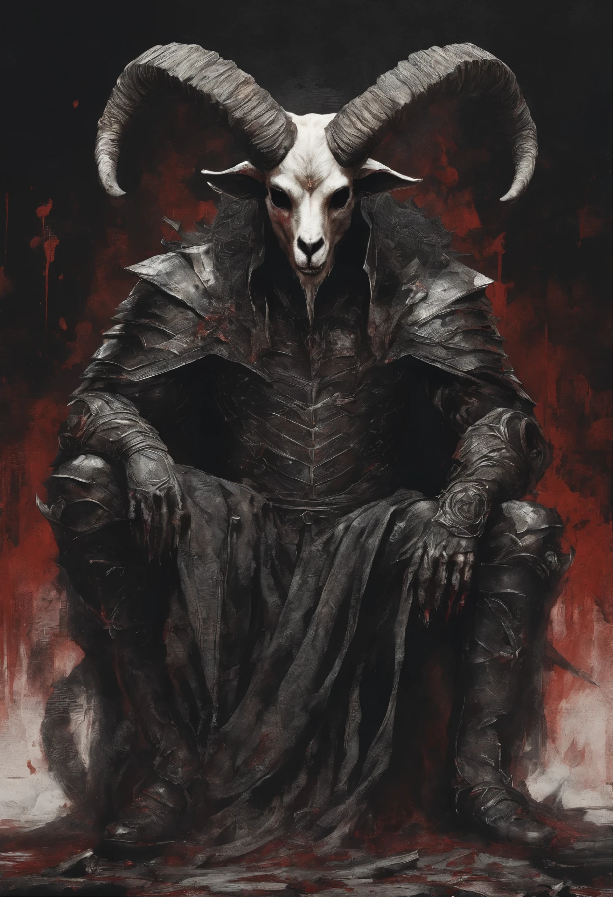 Goat-headed devil with big horns, strong and strong upper body, Devil's Skin, skin, ((nail, both wings)), devil's armor, blood splatters, Skull on the ground, Stand in a blood ritual, Medieval, bleak dark room, dim light, muste piece, Reality, oil painting